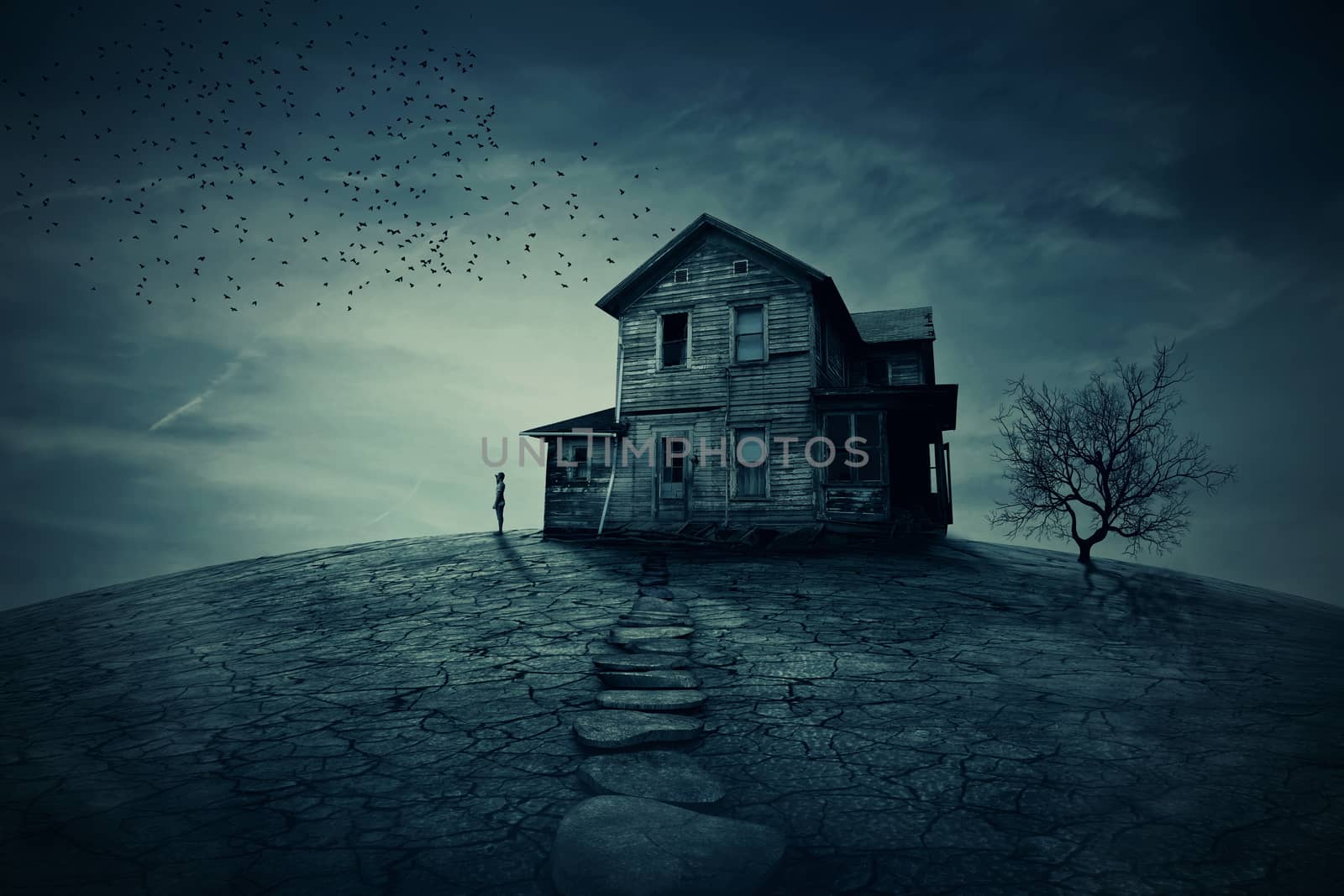 Young man stand at the corner of a ravaged house, looking far away for someone. A ghost, desolated house with a dry land and tree. 