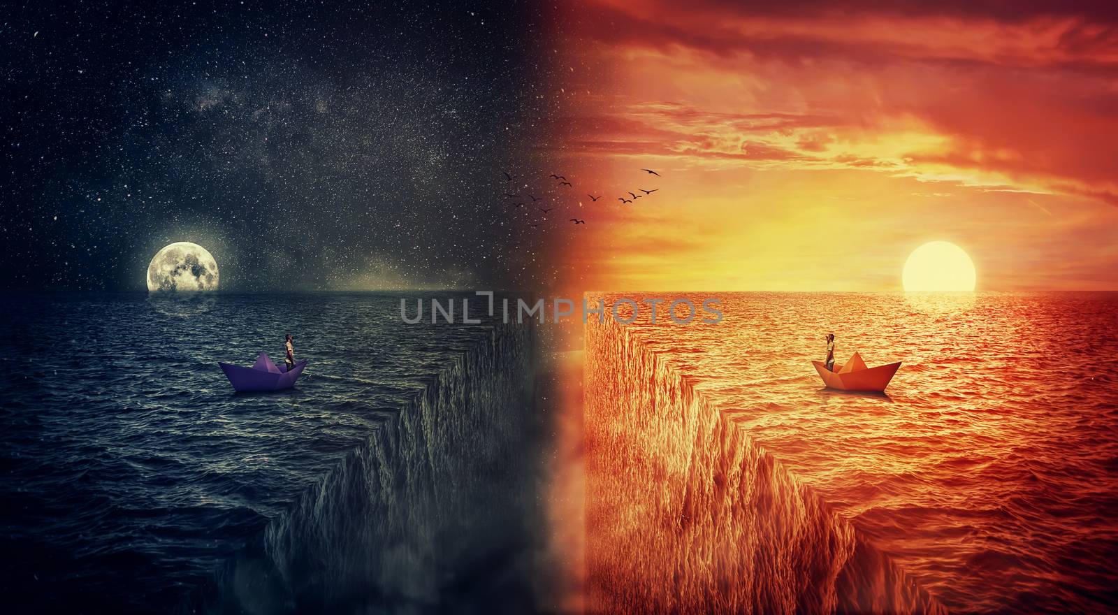 Conceptual view of two worlds collide, as a lost man, in a paper boat, sailing in the middle of the ocean try to find himself in a another world, alternate reality. Parallel universe, multiverse fiction theory. Adventure and journey concept.