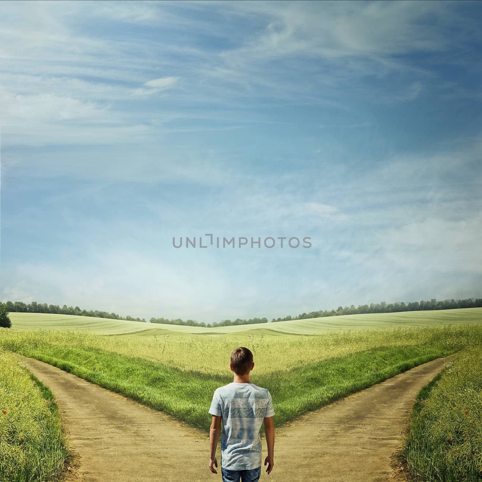 Creative concept with a man in front of two roads choosing the correct way