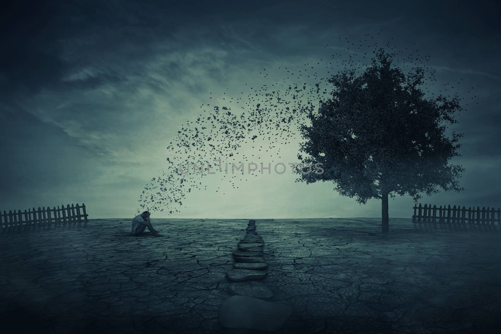 Young man sit alone on the cracked ground, in the middle of his farm garden, in front of a magic tree that cast its leaves in the wind. Energy changing concept, between people and nature.