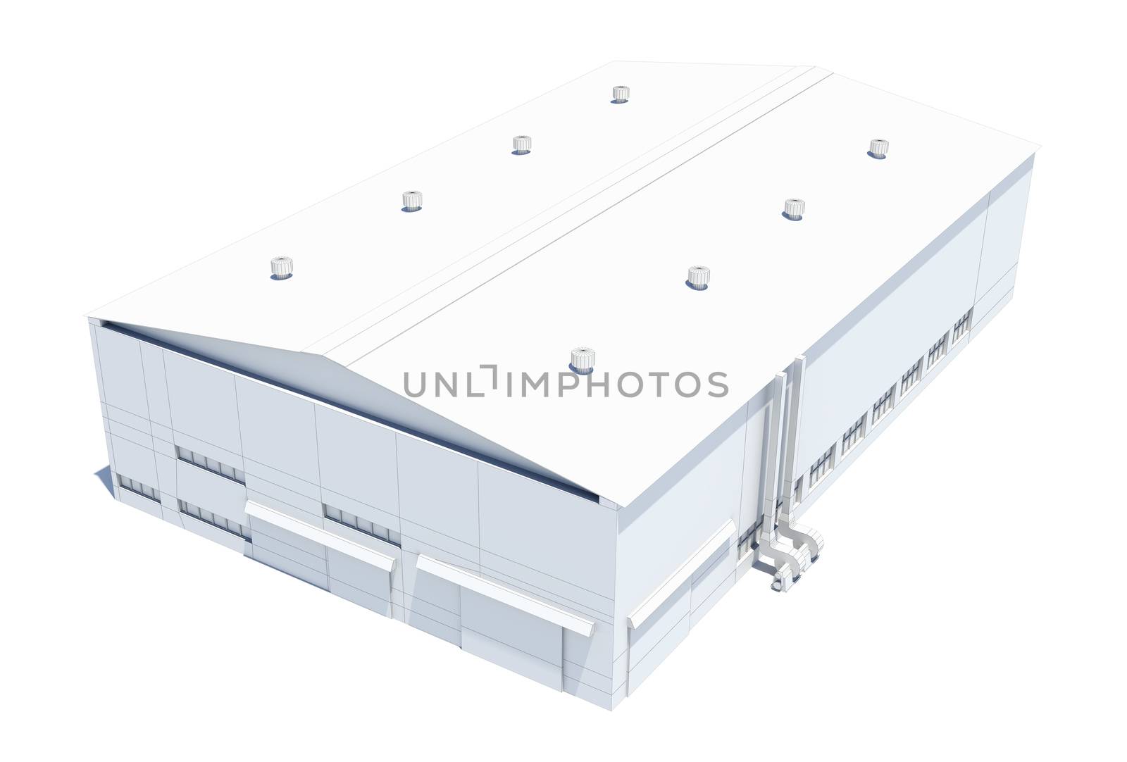 Hangar building. White wire-frame. Isolated on white, 3D Illustration
