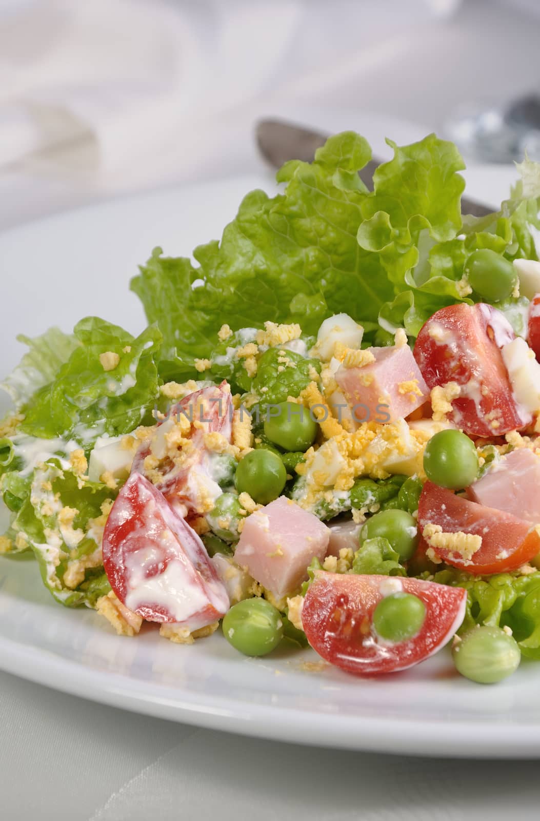 plate of salad with ham and egg and vegetables flavored   milk sauce