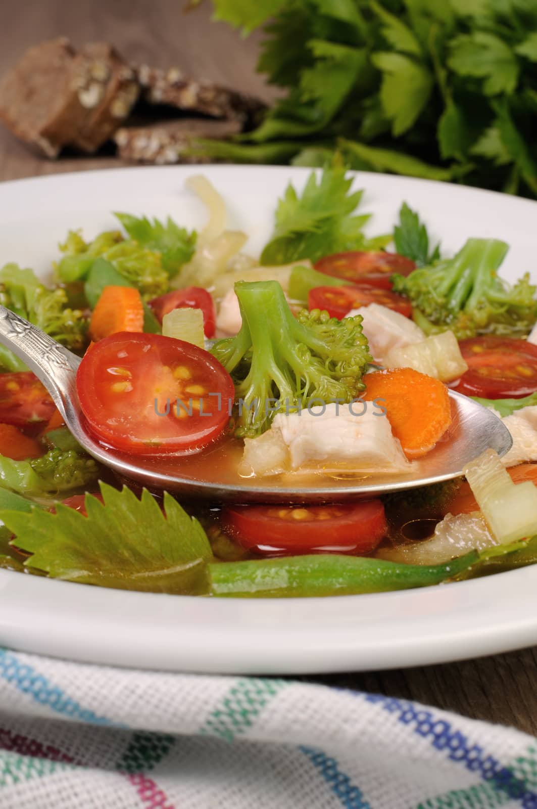 Vegetable soup with chicken, green beans, broccoli