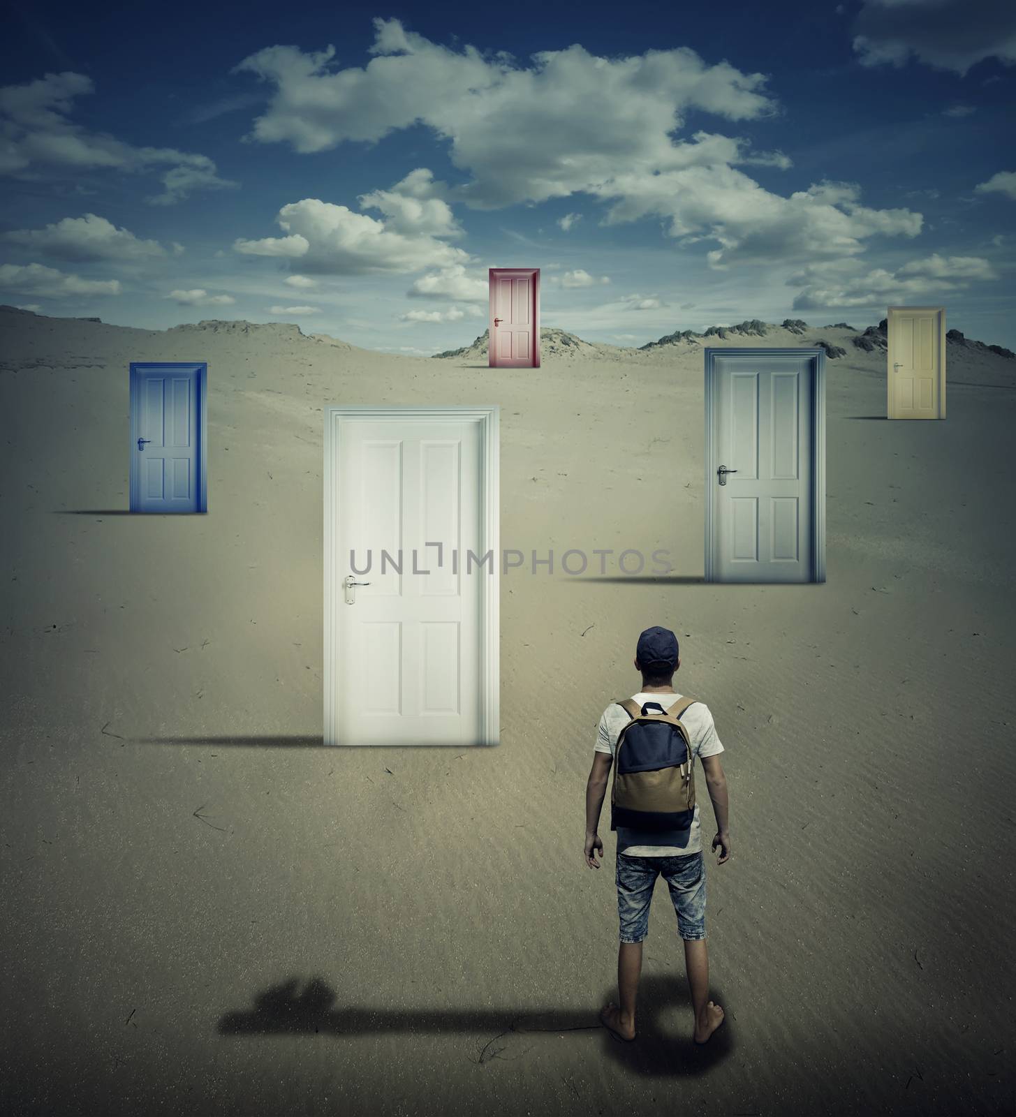 Conceptual image with a person standing in front of different closed doors, dropping a key shadow, choosing which one to open.