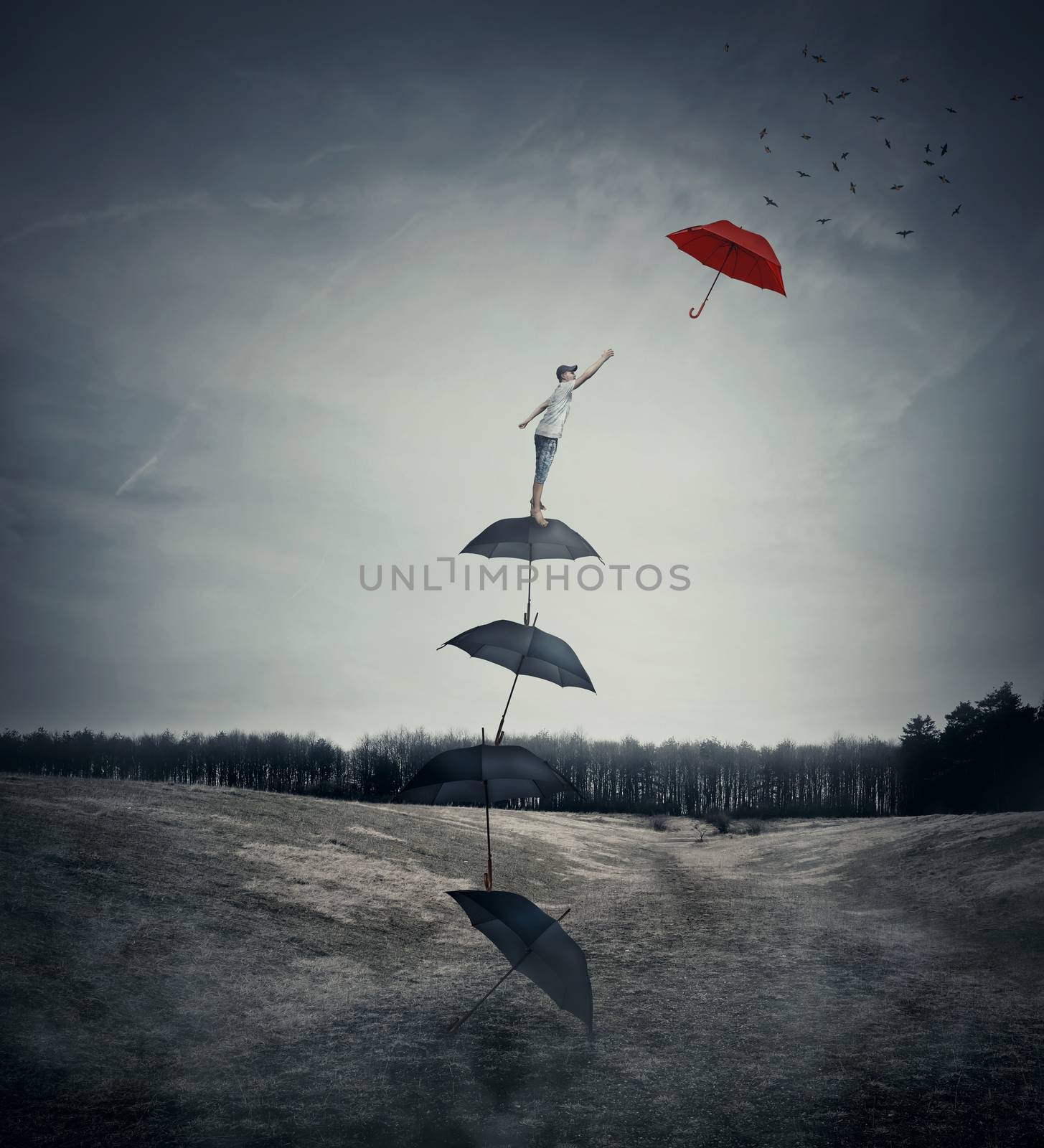 Young boy stand on a stack of umbrellas arranged as a ladder to the sky, trying to catch a different red umbrella. The pursuit of happiness and success concept.