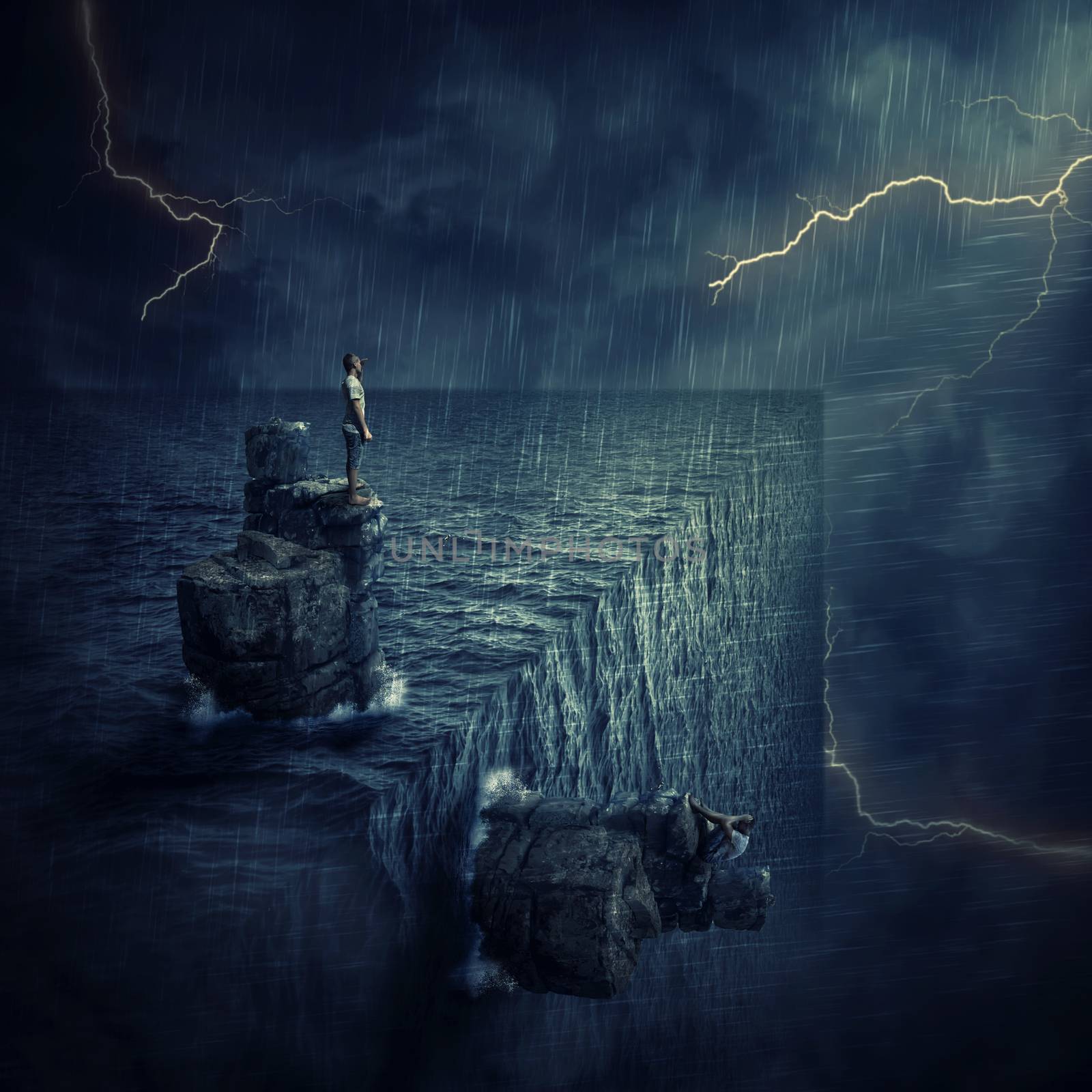 Conceptual image with a lost man sitting on a rock cliff island, in the middle of the ocean, trying to find himself in a parallel world, alternate reality. Parallel universe, multiverse fiction theory.