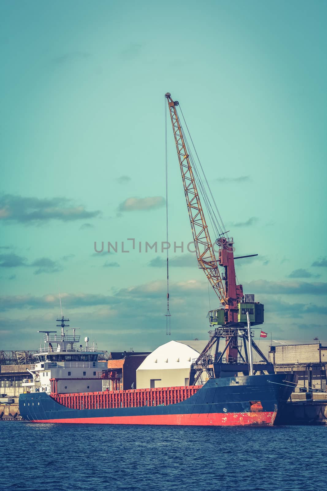 Blue cargo ship moored and loading at the port