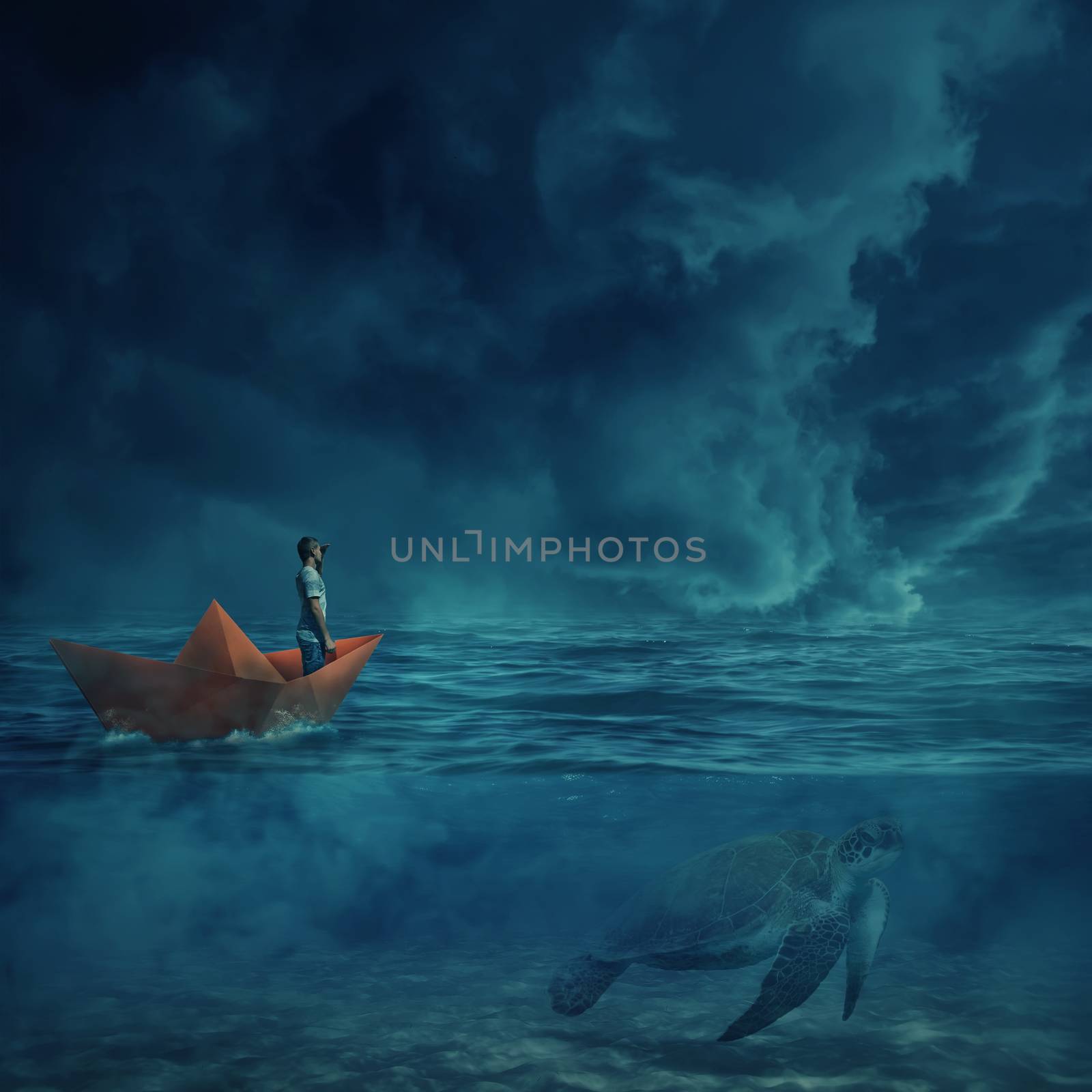 Young boy in a orange paper boat sail lost in the ocean, in a stormy night and a huge turtle underwater, as a guide, show him the way home. Adventure and journey concept.