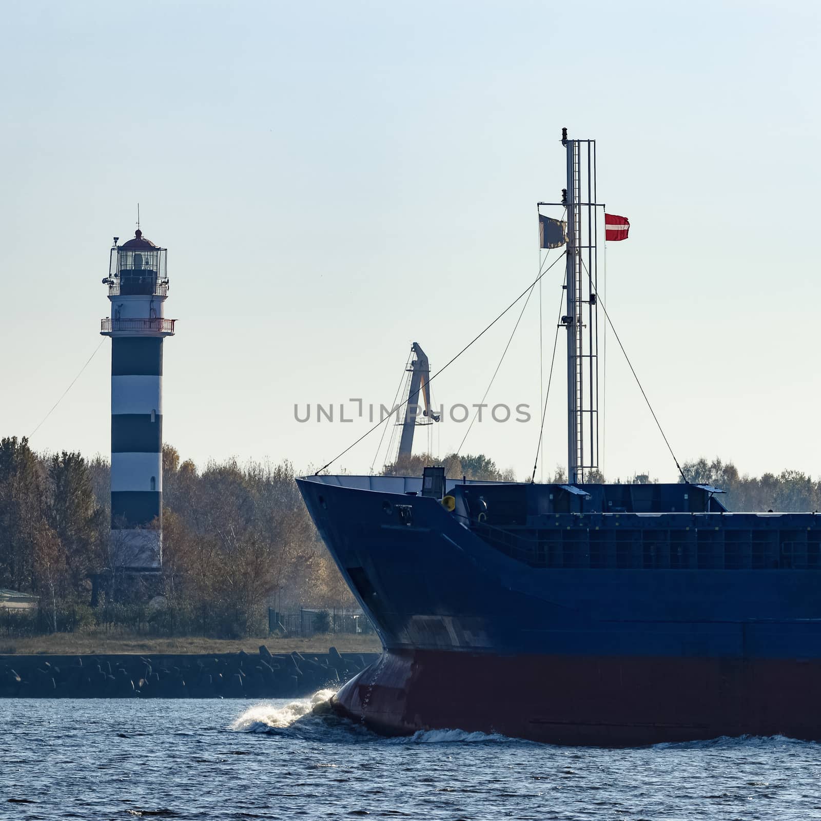 Blue cargo ship sailing from the Baltic sea