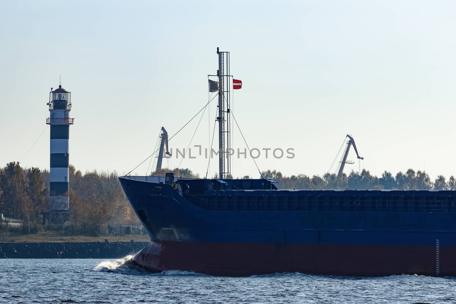 Blue cargo ship sailing from the Baltic sea