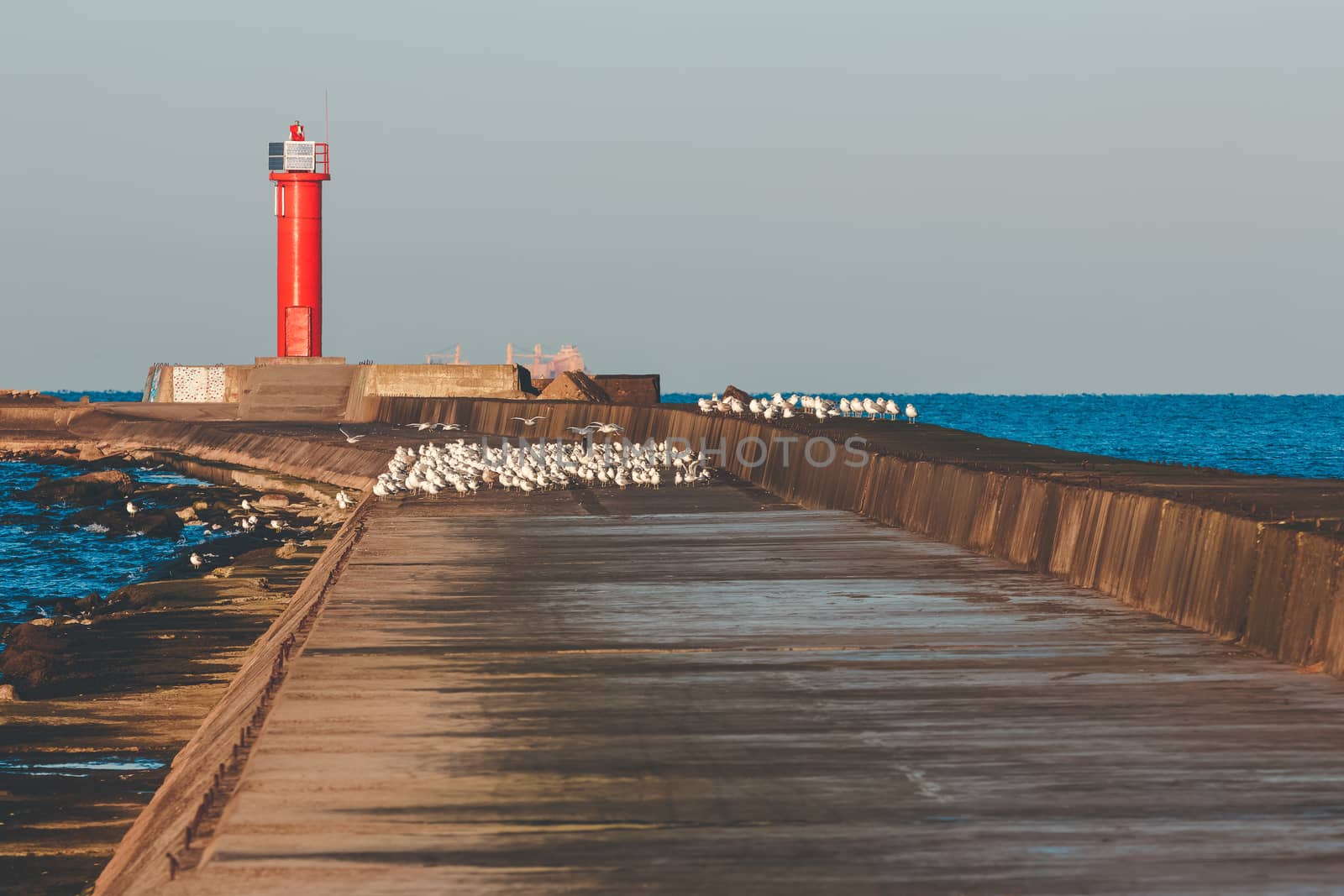 Red lighthouse on breakwater jetty at Baltic sea