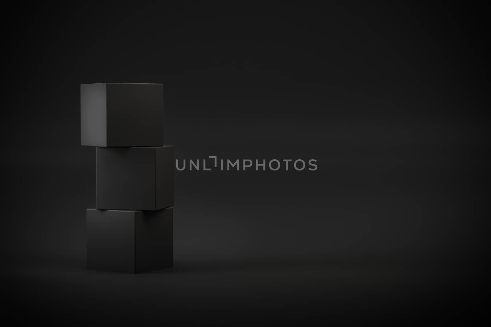 black box stack on black background 3d rendering