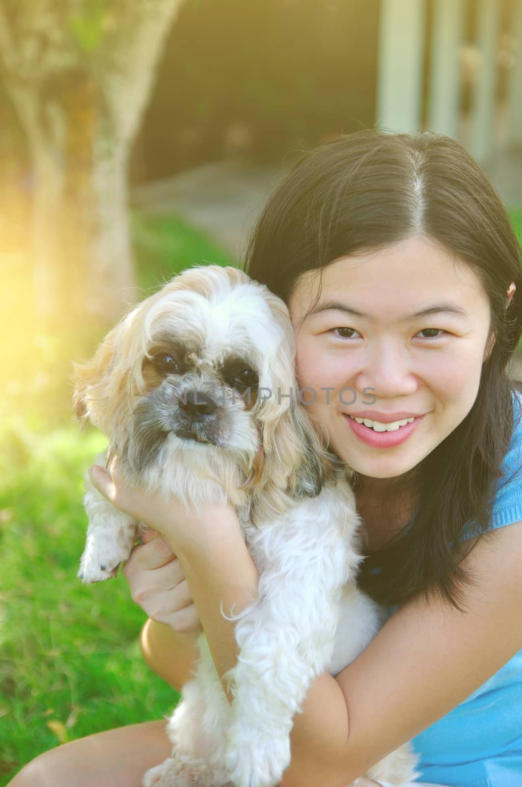 Young beautiful asian girl with the shizhu dog in the park.