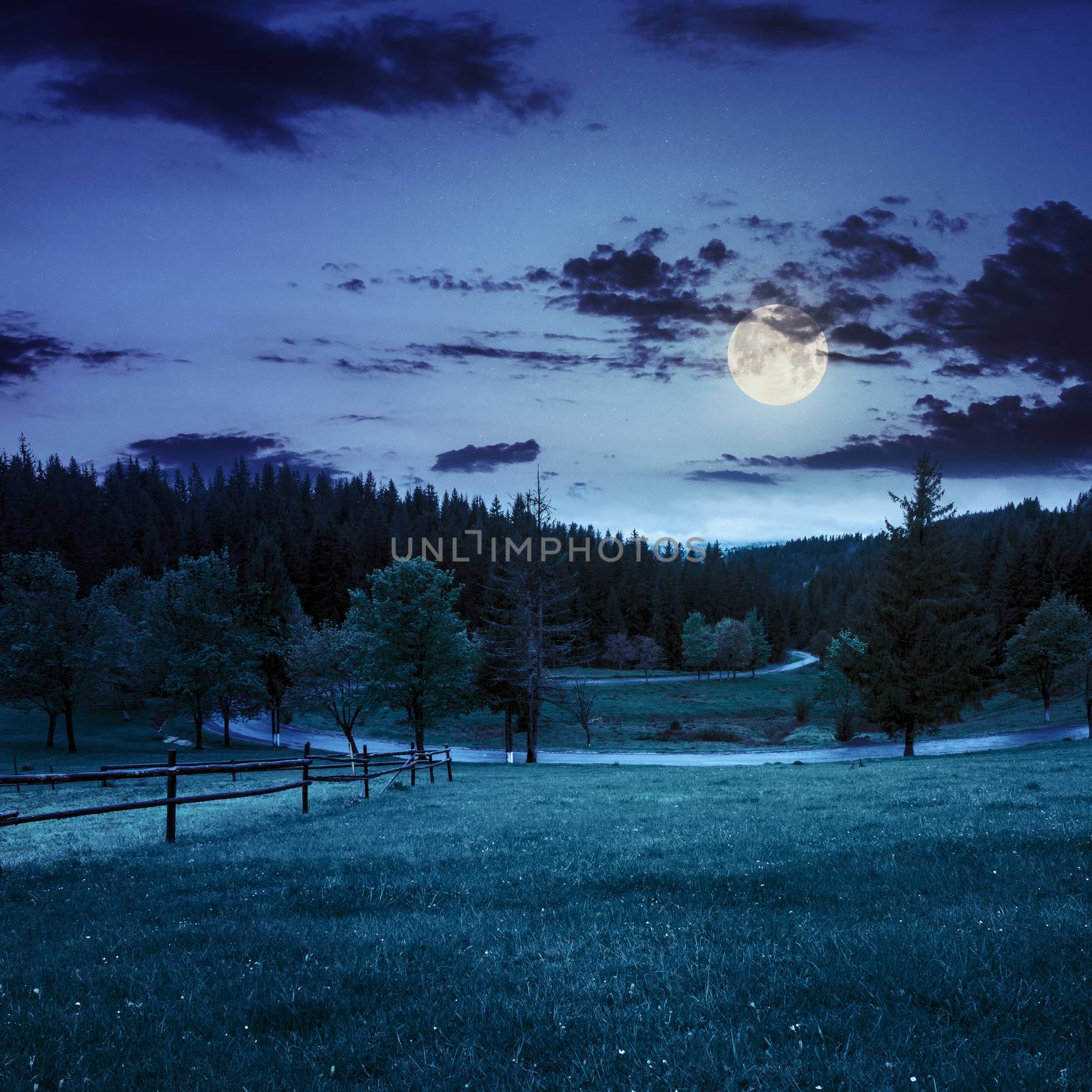 summer mountain landscape. curve asphalt road and wooden fence near the meadow on hillside with forest at night in full moon light