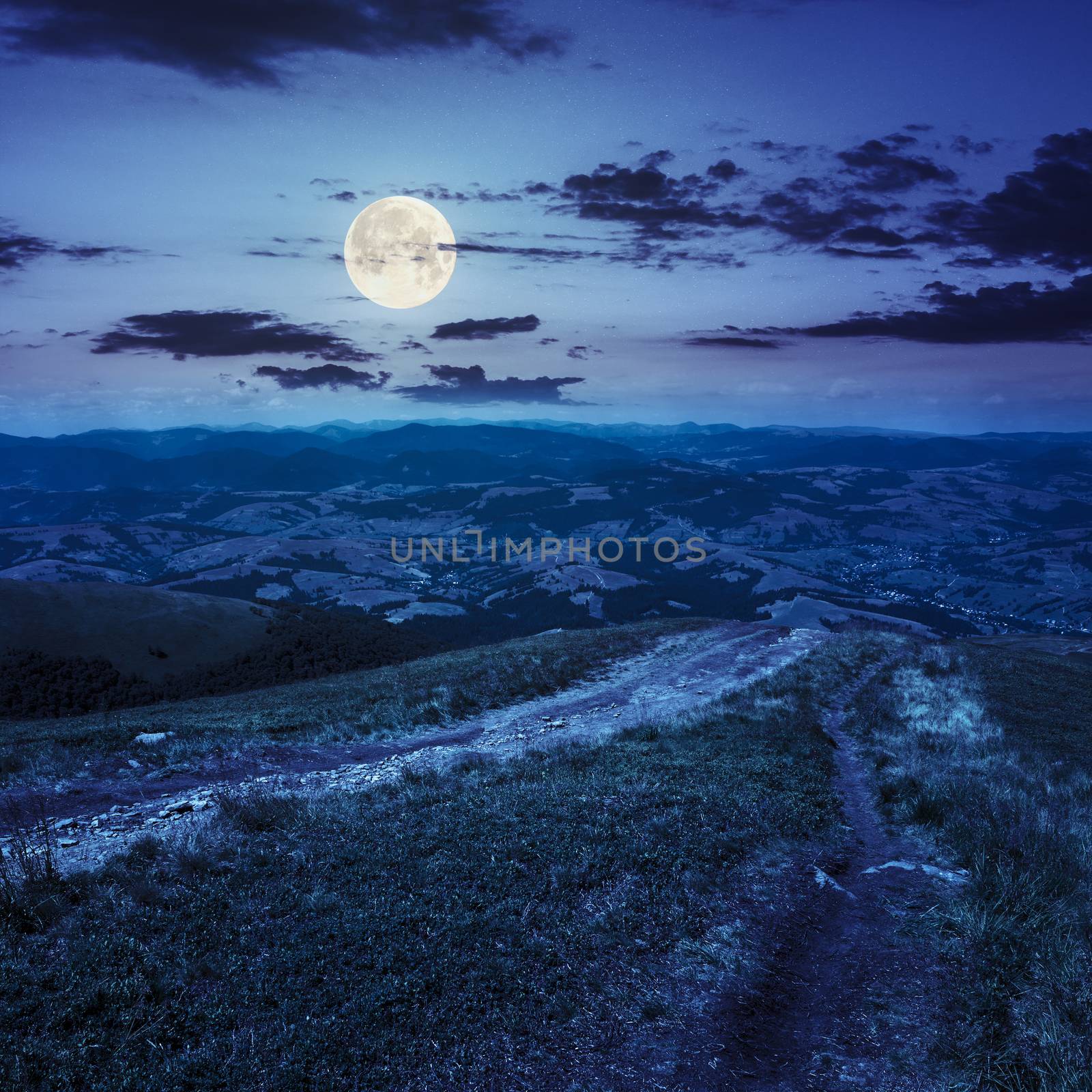 path to village in mountain valley at night  by Pellinni