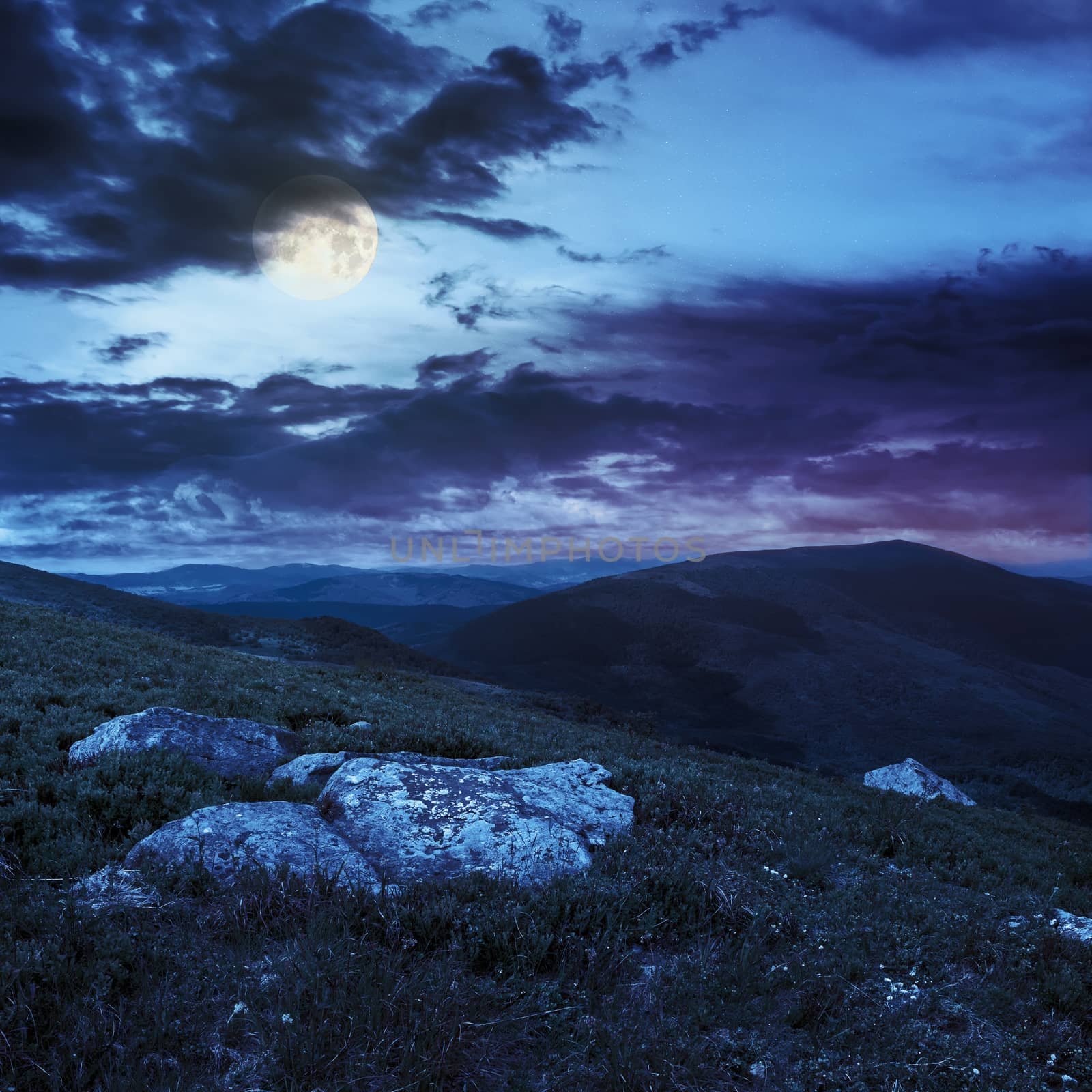 white sharp stones on the hillside  at night in full moon light