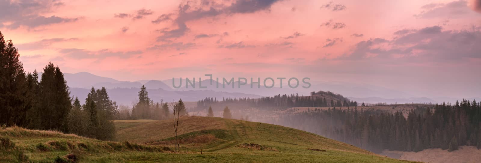 Red mountain morning panorama. Colorful dawn. by weise_maxim