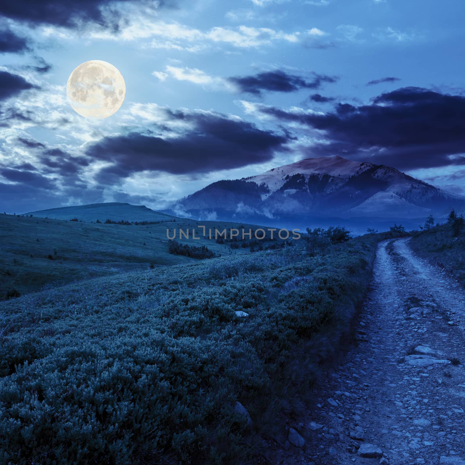 gravel road going off into the distance and passes through the green field in mountains at night in full moon light