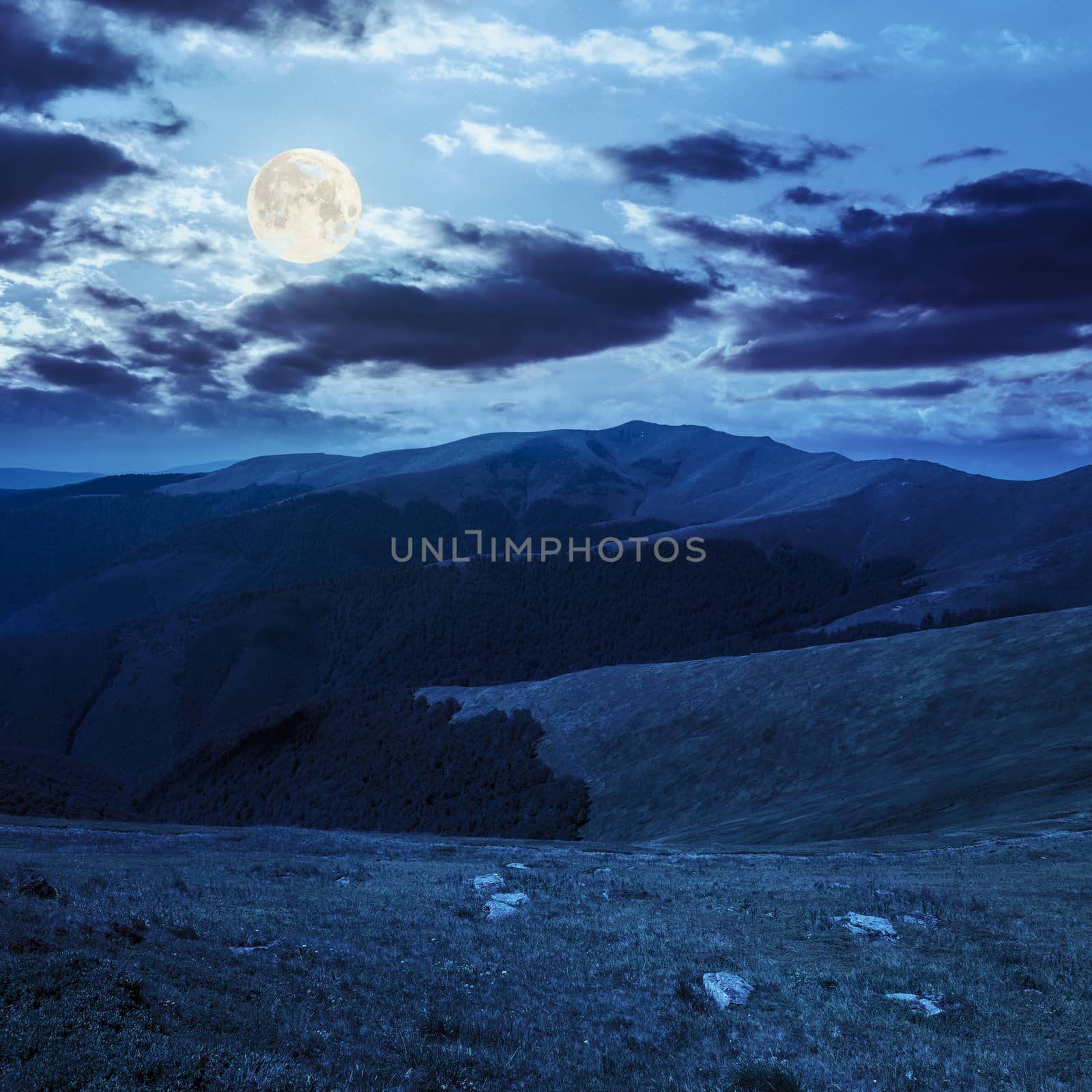 white sharp stones on the hillside of mountain range at night in full moon light