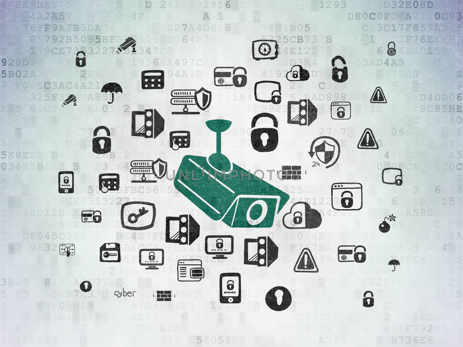 Privacy concept: Painted green Cctv Camera icon on Digital Data Paper background with  Hand Drawn Security Icons