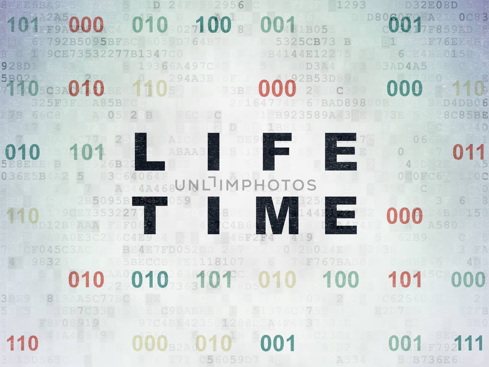 Time concept: Painted black text Life Time on Digital Data Paper background with Binary Code
