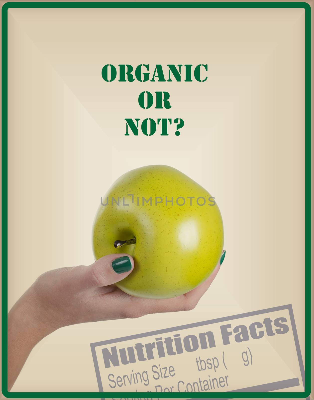 A female hand holds a green apple and asks whether it is organic or not?