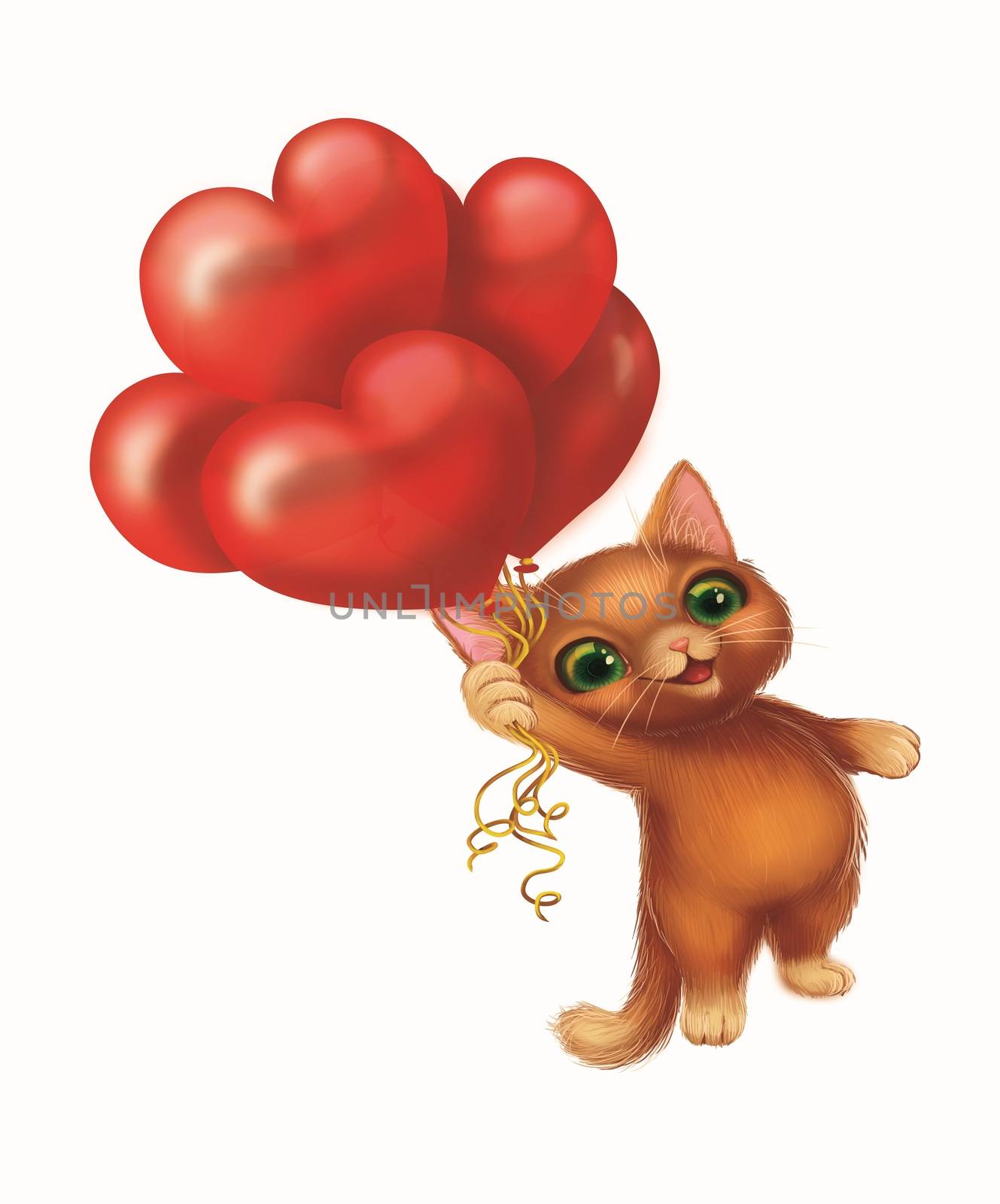 Cute Smiling Kitten in Love, Flying on Balloons in the Shape of Hearts - Happy by Loud-Mango