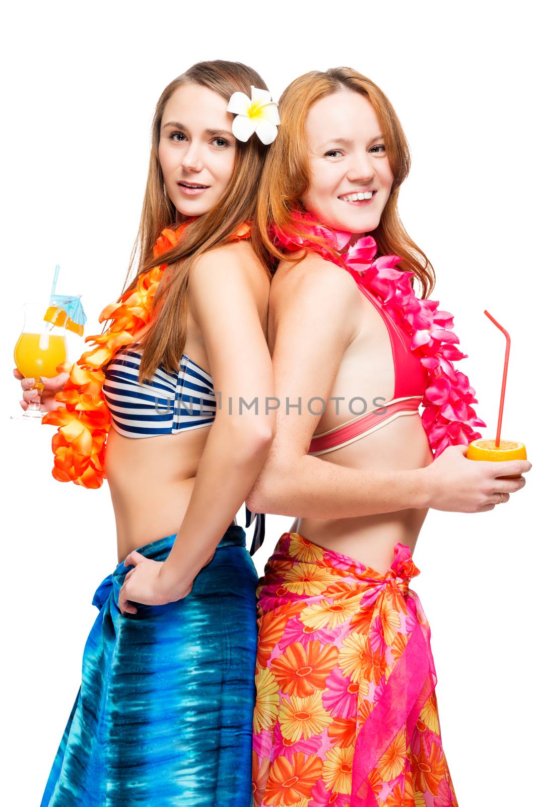 Two young girlfriends in bikini in Hawaiian image with cocktails on white background