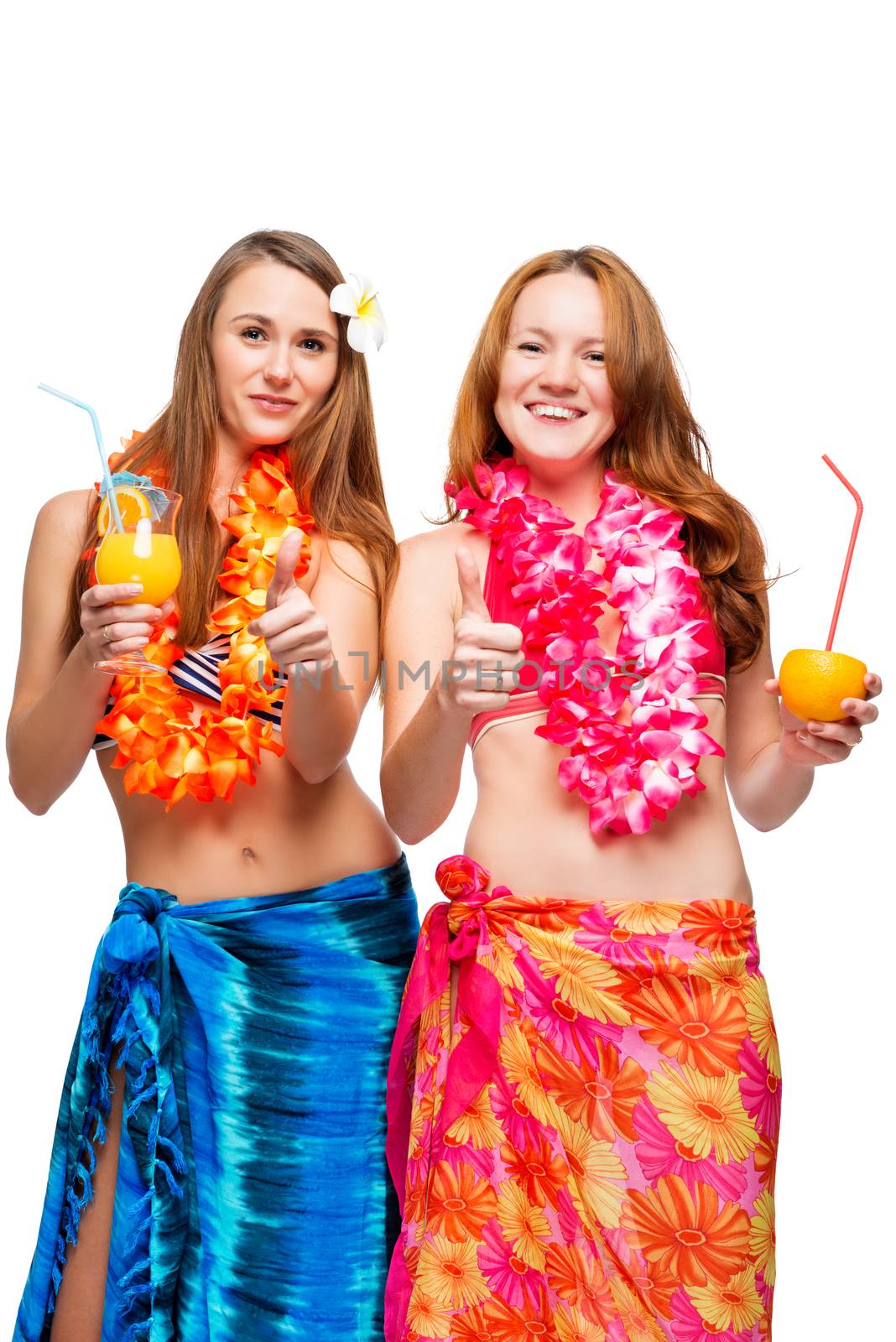 Girlfriends in Hawaiian lei with cocktails posing on white background