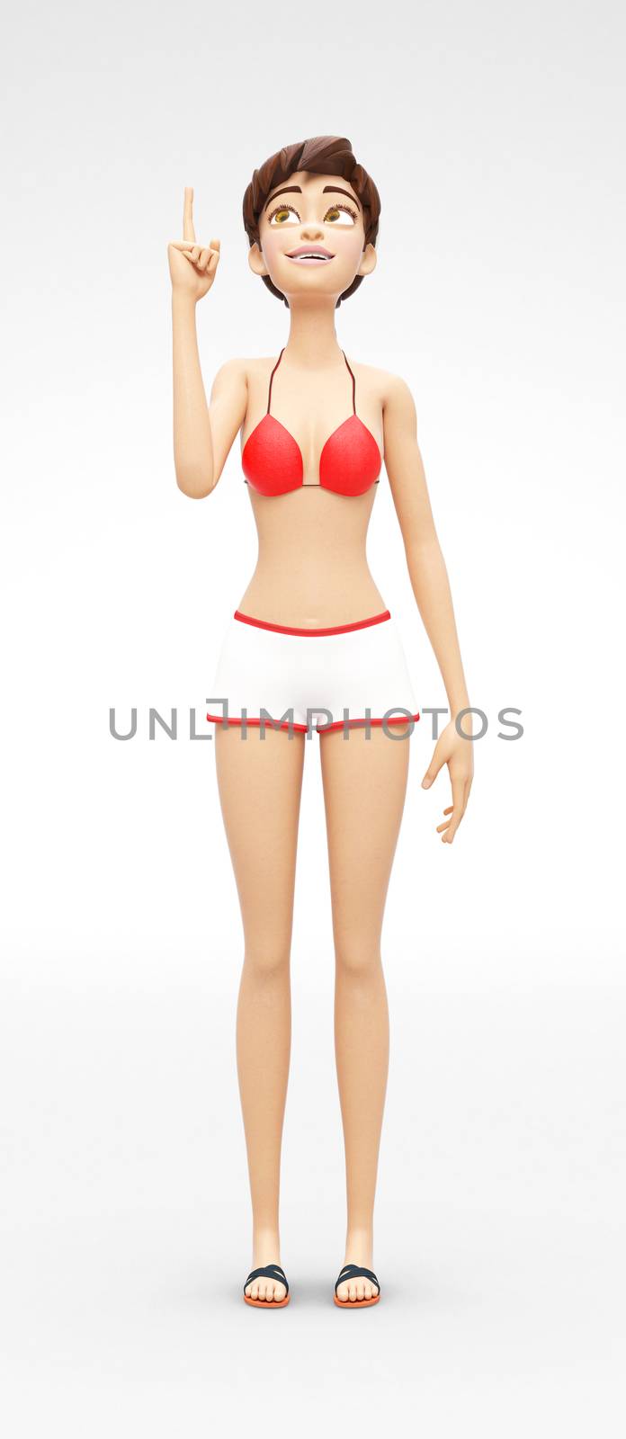 3D Rendered Animated Character in Casual Two-Piece Swimsuit Bikini, Isolated on White Spotlight Background
