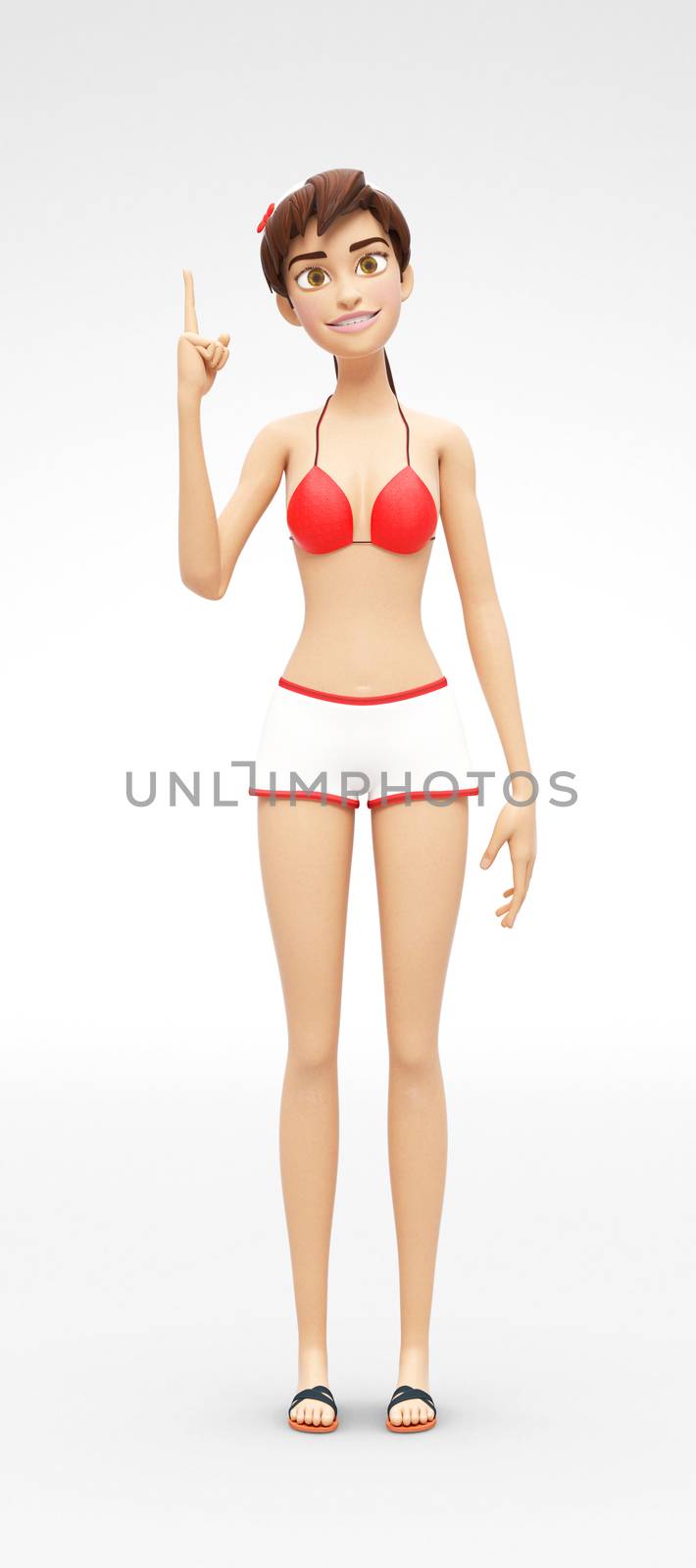 3D Rendered Animated Character in Casual Two-Piece Swimsuit Bikini, Isolated on White Spotlight Background
