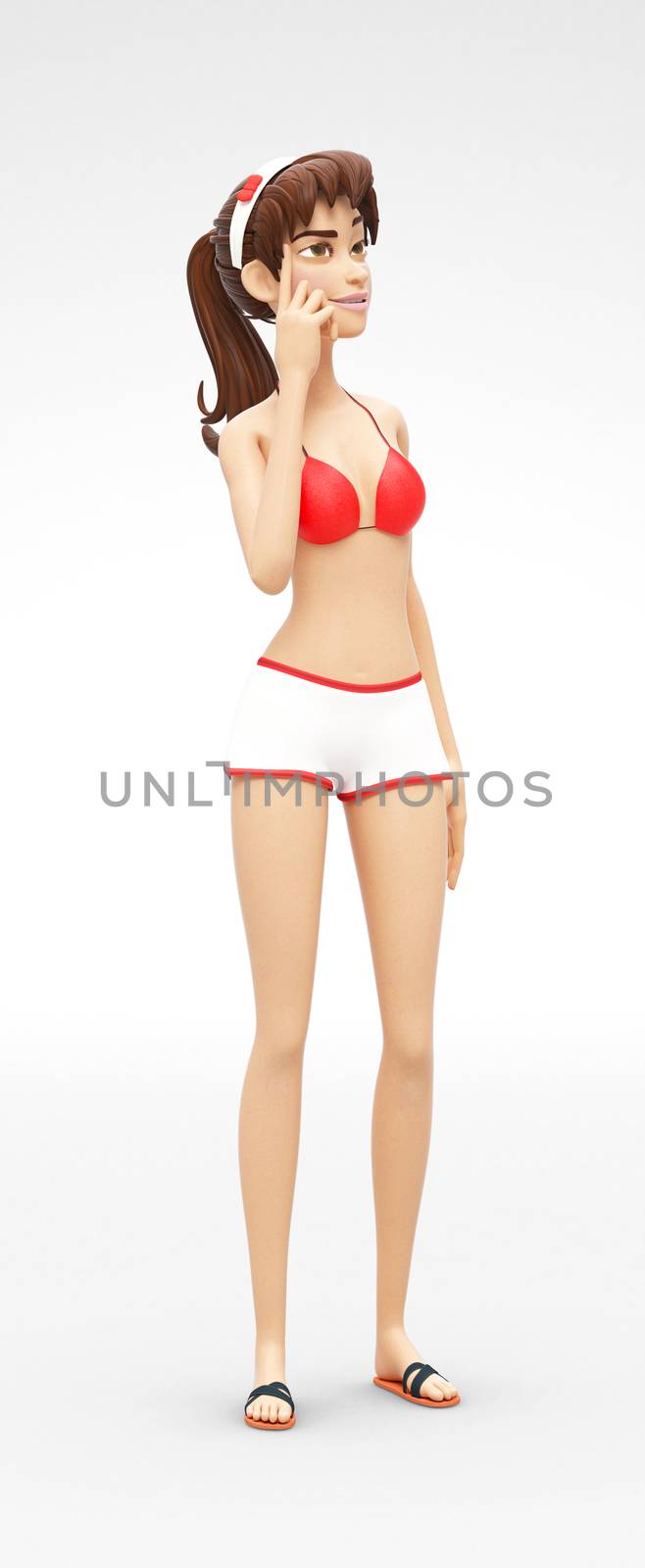 3D Rendered Animated Character in Casual Two-Piece Swimsuit Bikini, Isolated on White Spotlight Background
