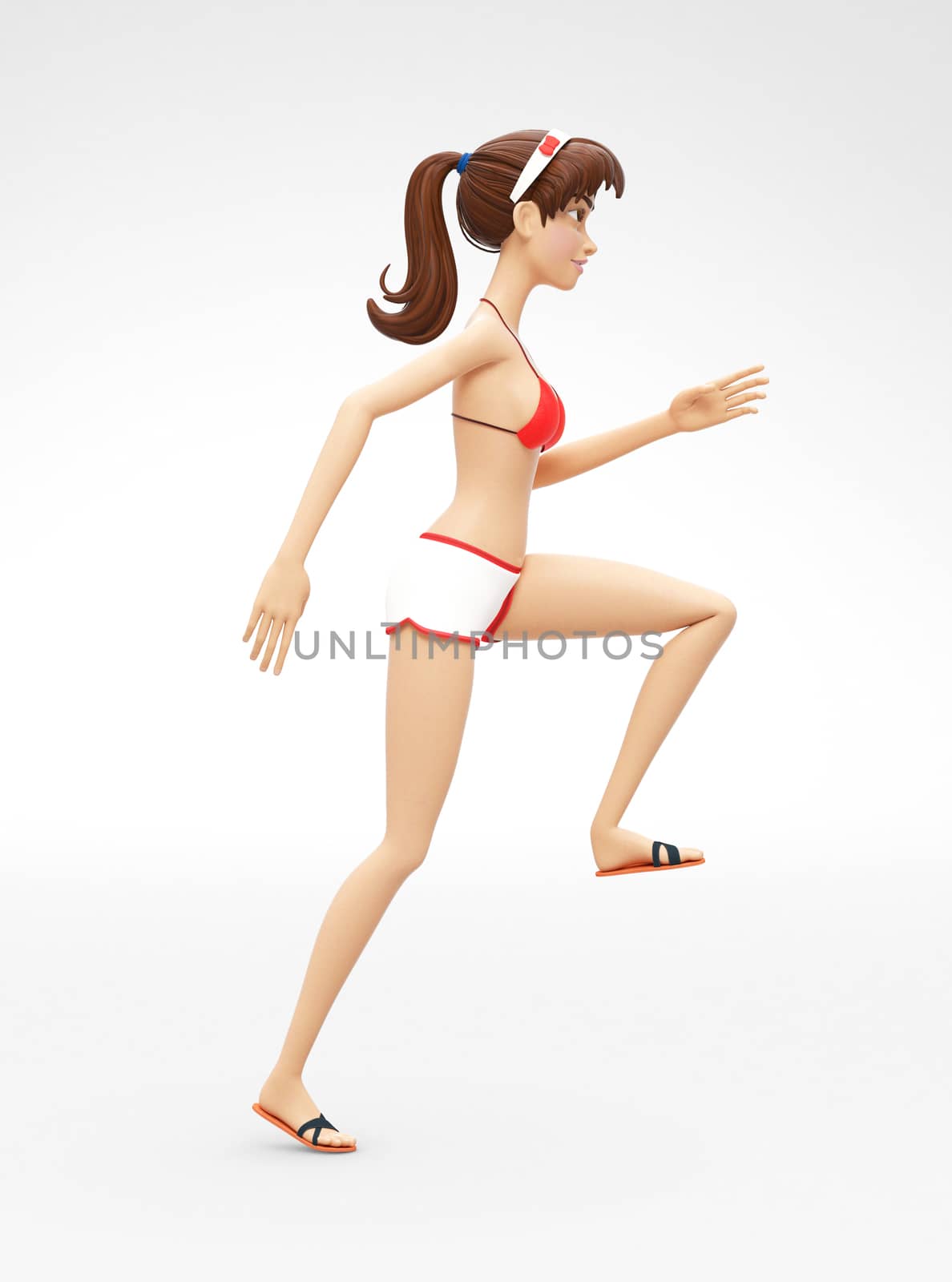 3D Rendered Animated Character in Casual Two-Piece Swimsuit Bikini, Isolated on White Spotlight Background
