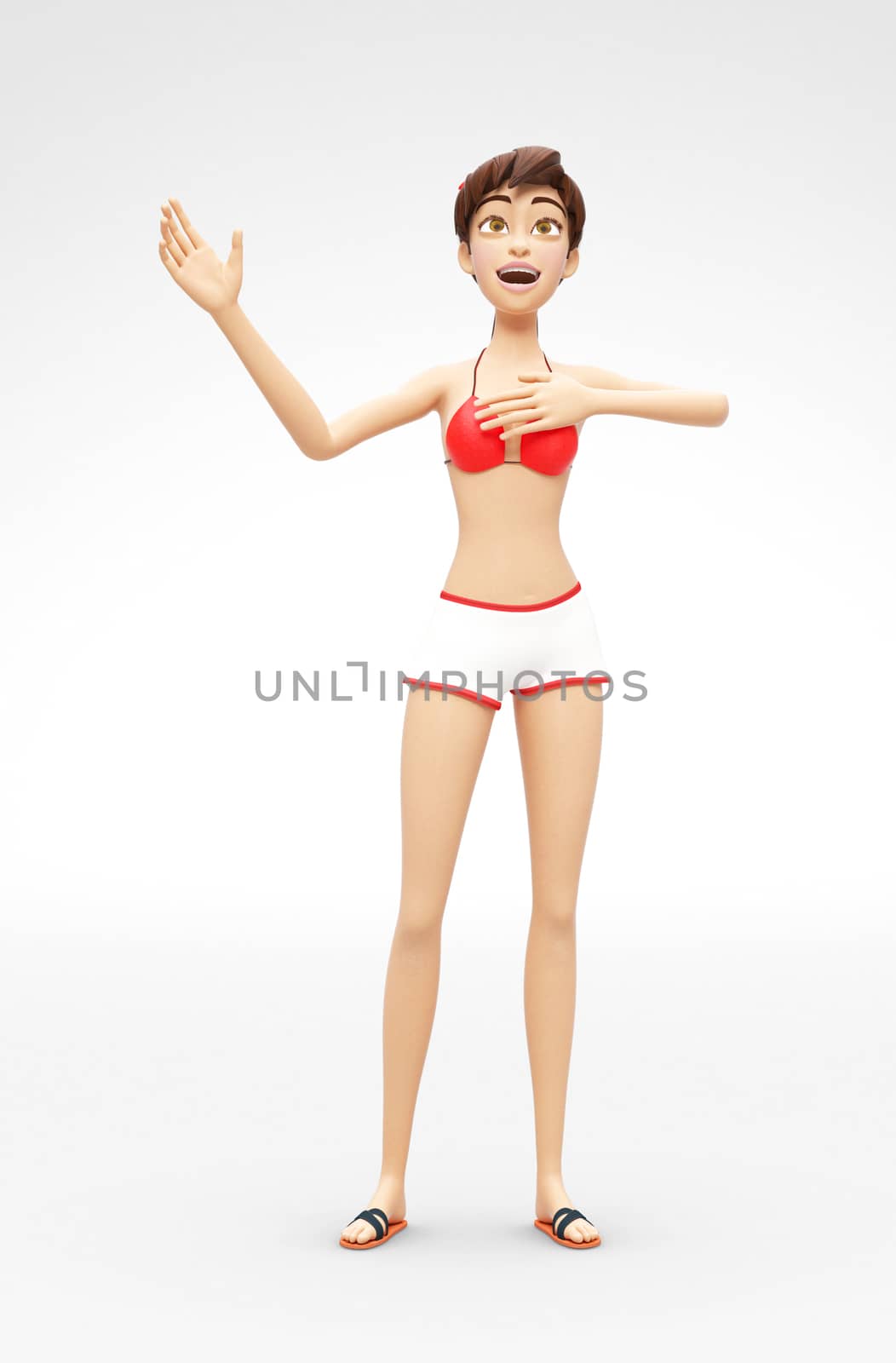 3D Rendered Animated Character in Casual Two-Piece Swimsuit Bikini, Isolated on White Spotlight Background
