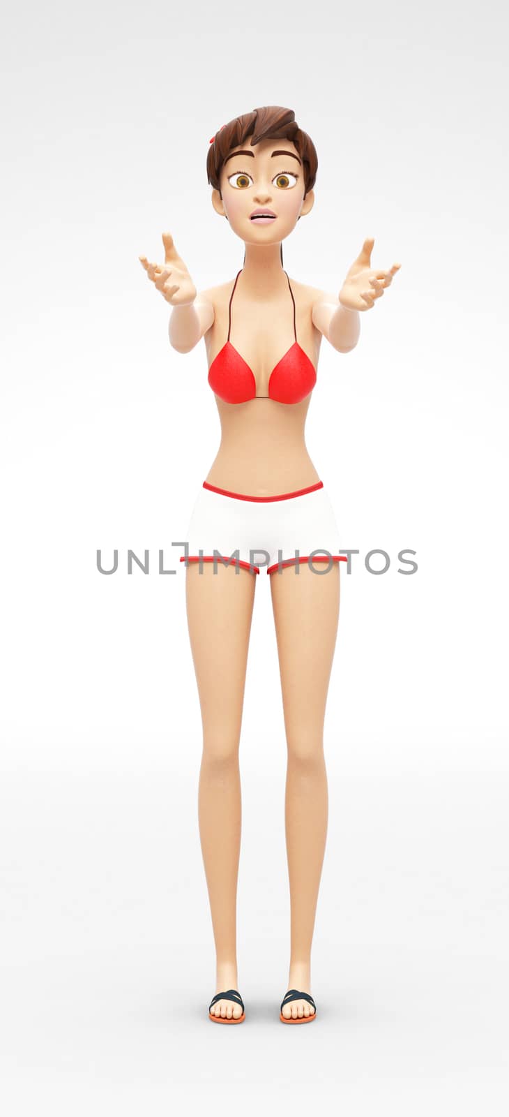 3D Rendered Animated Character in Casual Two-Piece Swimsuit Bikini, Isolated on White Spotlight Background
