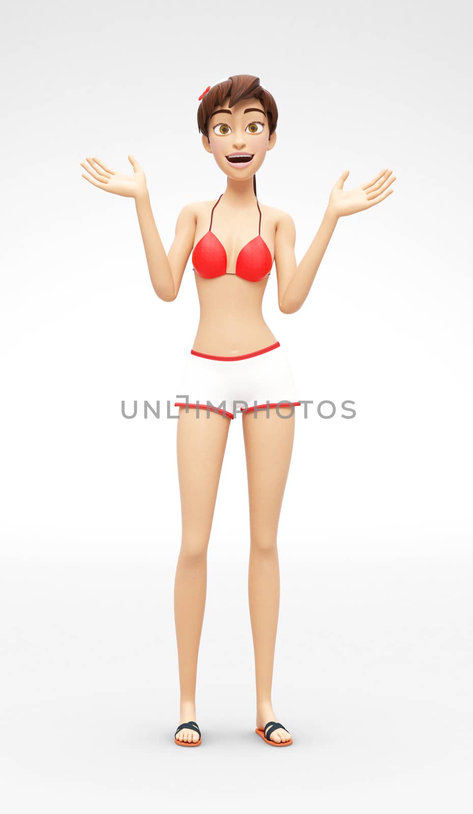 3D Rendered Animated Character in Casual Two-Piece Swimsuit Bikini, Isolated on White Spotlight Background

