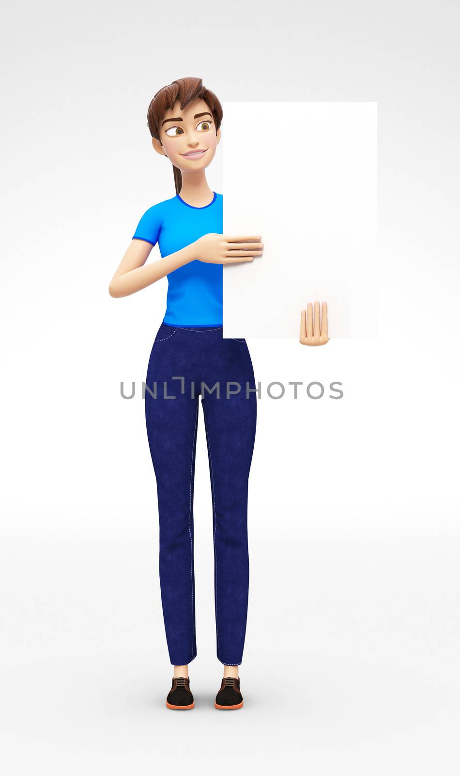 3D Rendered Product Mockup with Animated Character in Casual Clothes, Isolated on White Spotlight Background for Web, Presentation, Banner or Advertisement
