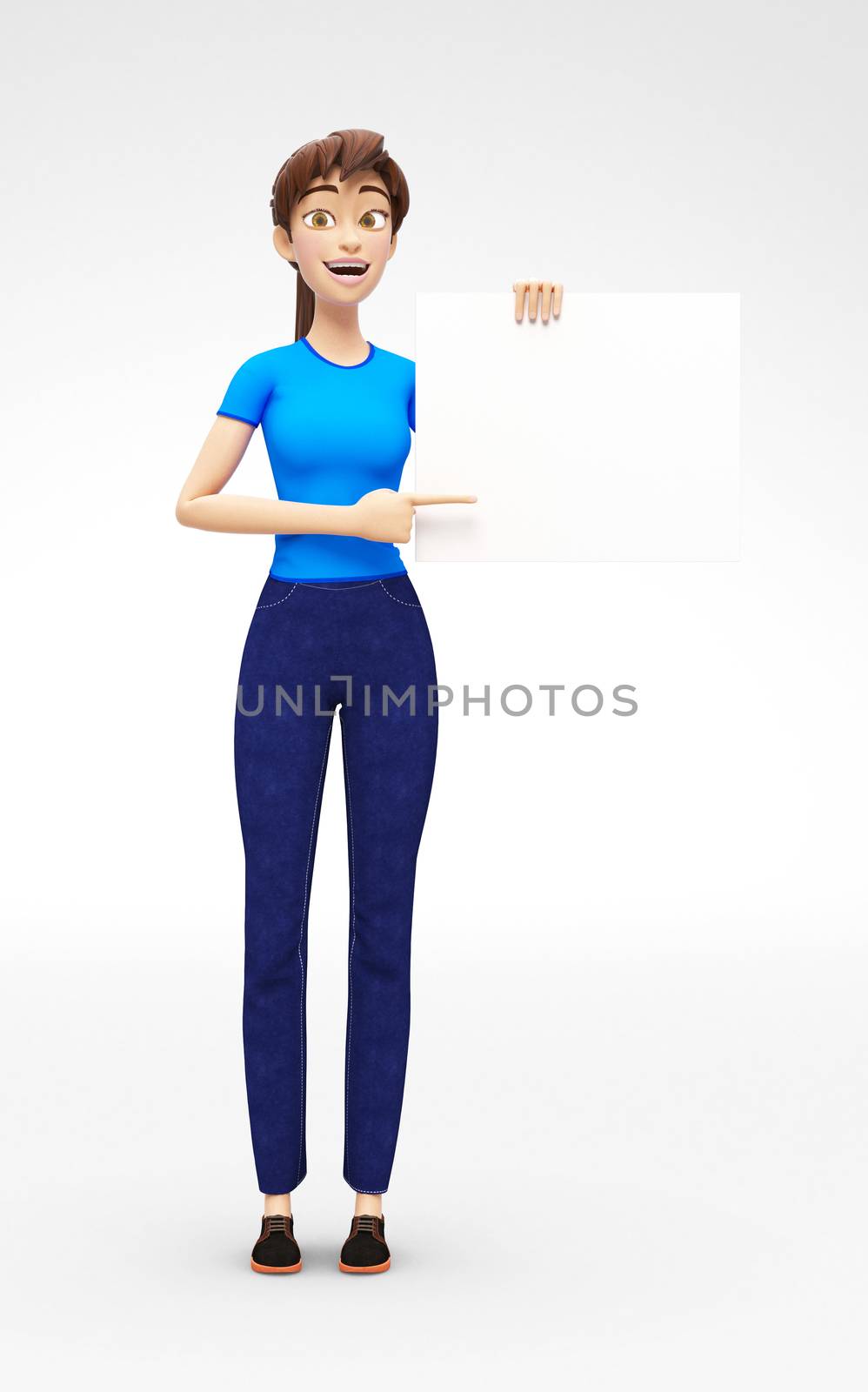 3D Rendered Product Mockup with Animated Character in Casual Clothes, Isolated on White Spotlight Background for Web, Presentation, Banner or Advertisement
