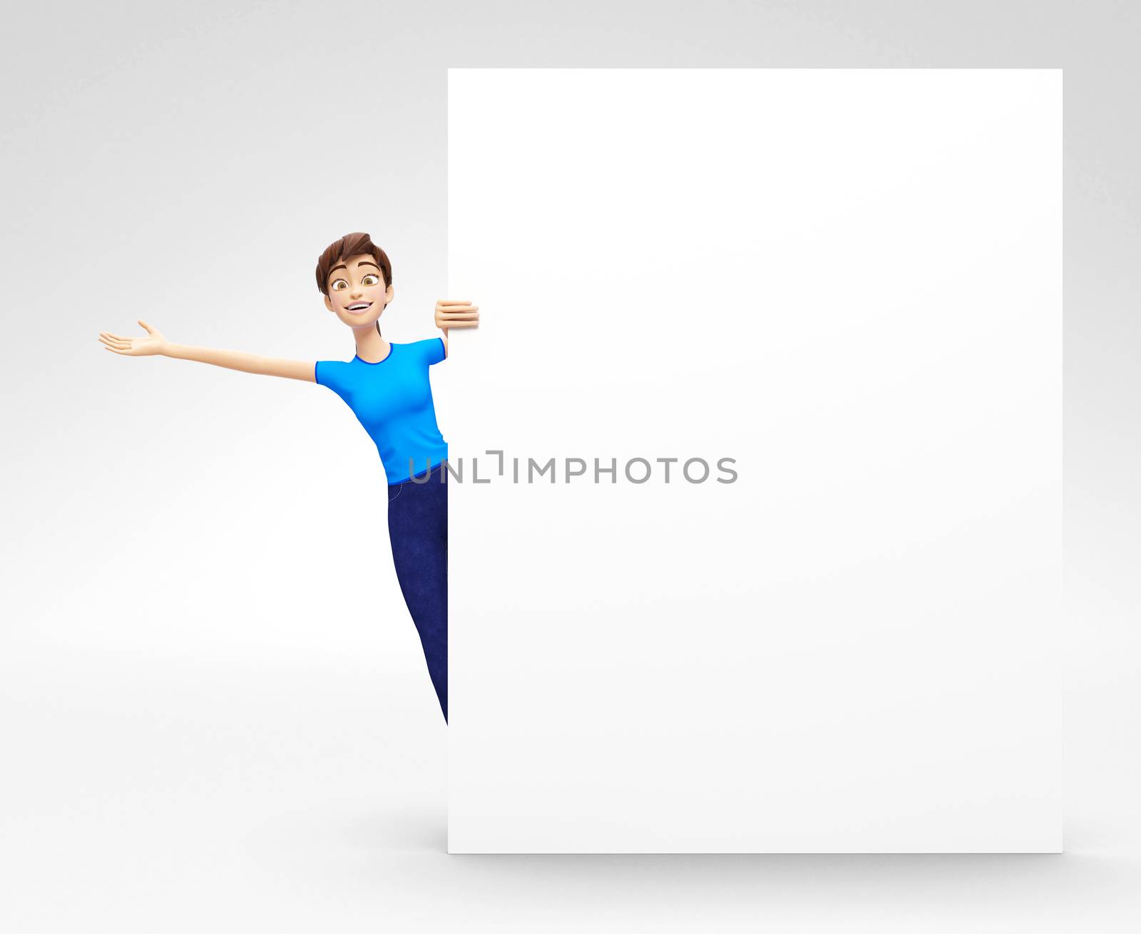 3D Rendered Product Mockup with Animated Character in Casual Clothes, Isolated on White Spotlight Background for Web, Presentation, Banner or Advertisement
