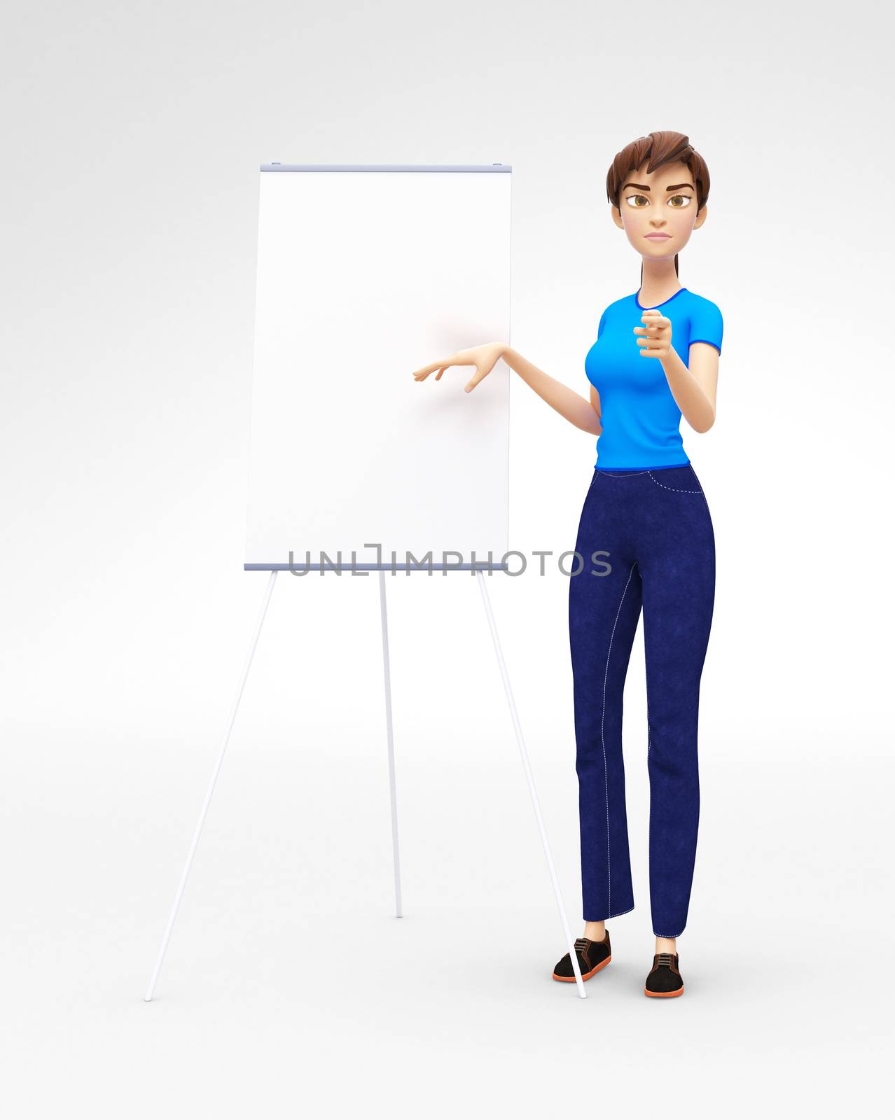 3D Rendered Product Mockup with Animated Character in Casual Clothes, Isolated on White Spotlight Background for Web, Presentation, Banner or Advertisement
