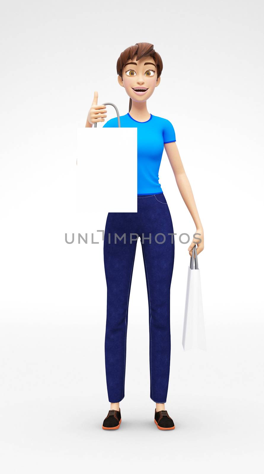 3D Rendered Product Mockup with Animated Character in Casual Clothes, Isolated on White Spotlight Background for Web, Presentation, Banner or Advertisement
