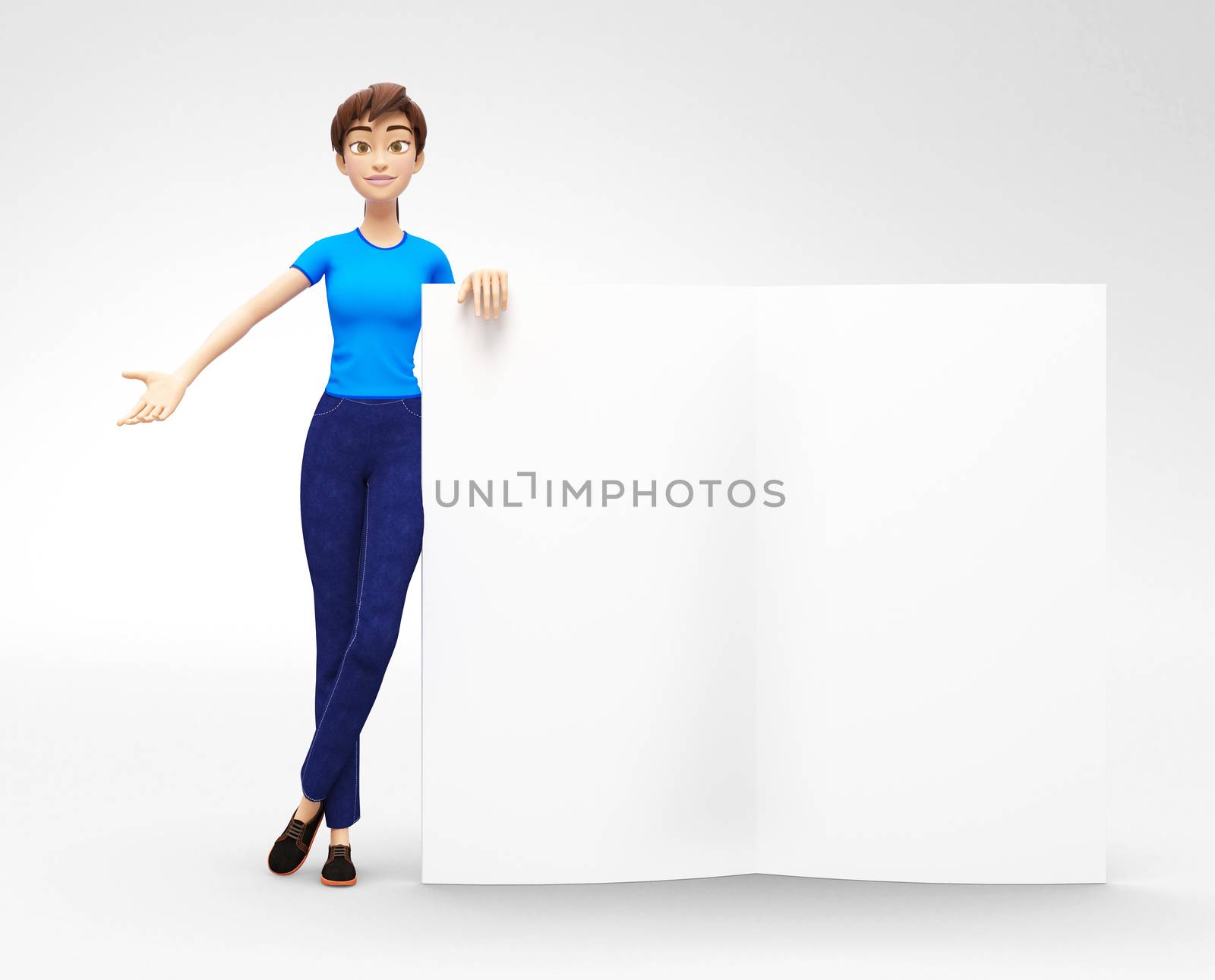 3D Rendered Product Mockup with Animated Character in Casual Clothes, Isolated on White Spotlight Background for Web, Presentation, Banner or Advertisement
