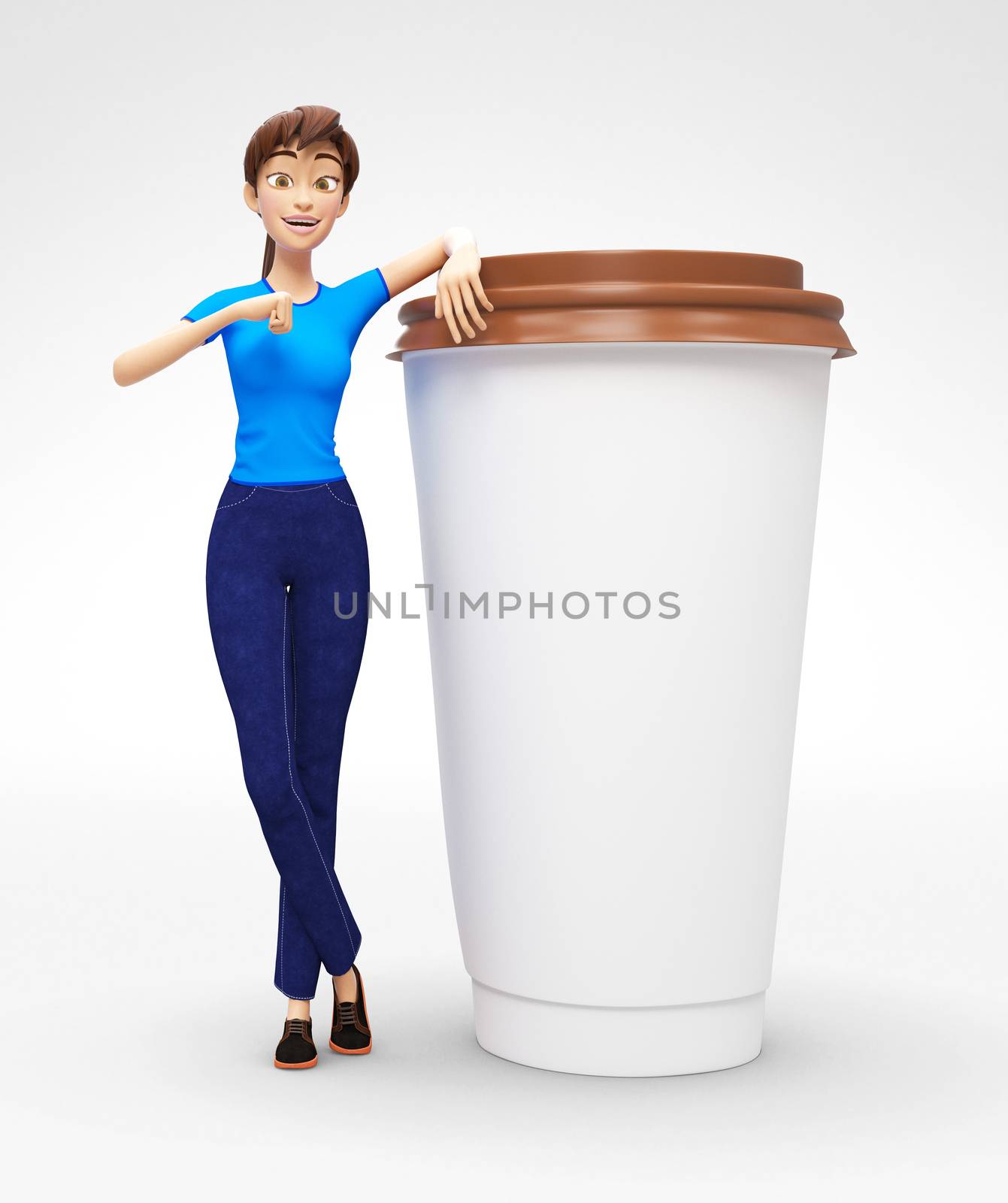 3D Rendered Product Mockup with Animated Character in Casual Clothes, Isolated on White Spotlight Background for Web, Presentation, Banner or Advertisement
