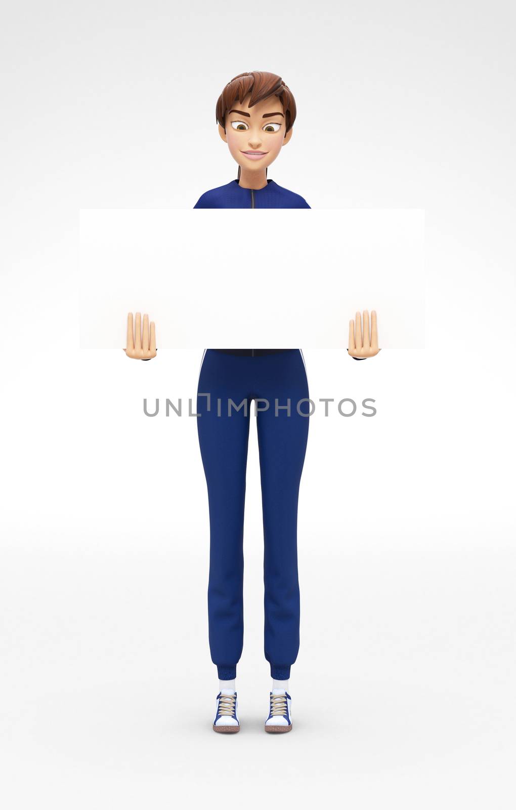 3D Rendered Product Mockup with Animated Character in Casual Clothes, Isolated on White Spotlight Background for Web, Business Presentation, Banner or Advertisement
