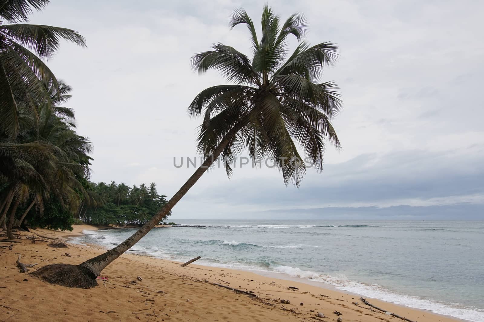 Praia Inhame on an overcast and rainy day, Sao Tome and Principe, Africa