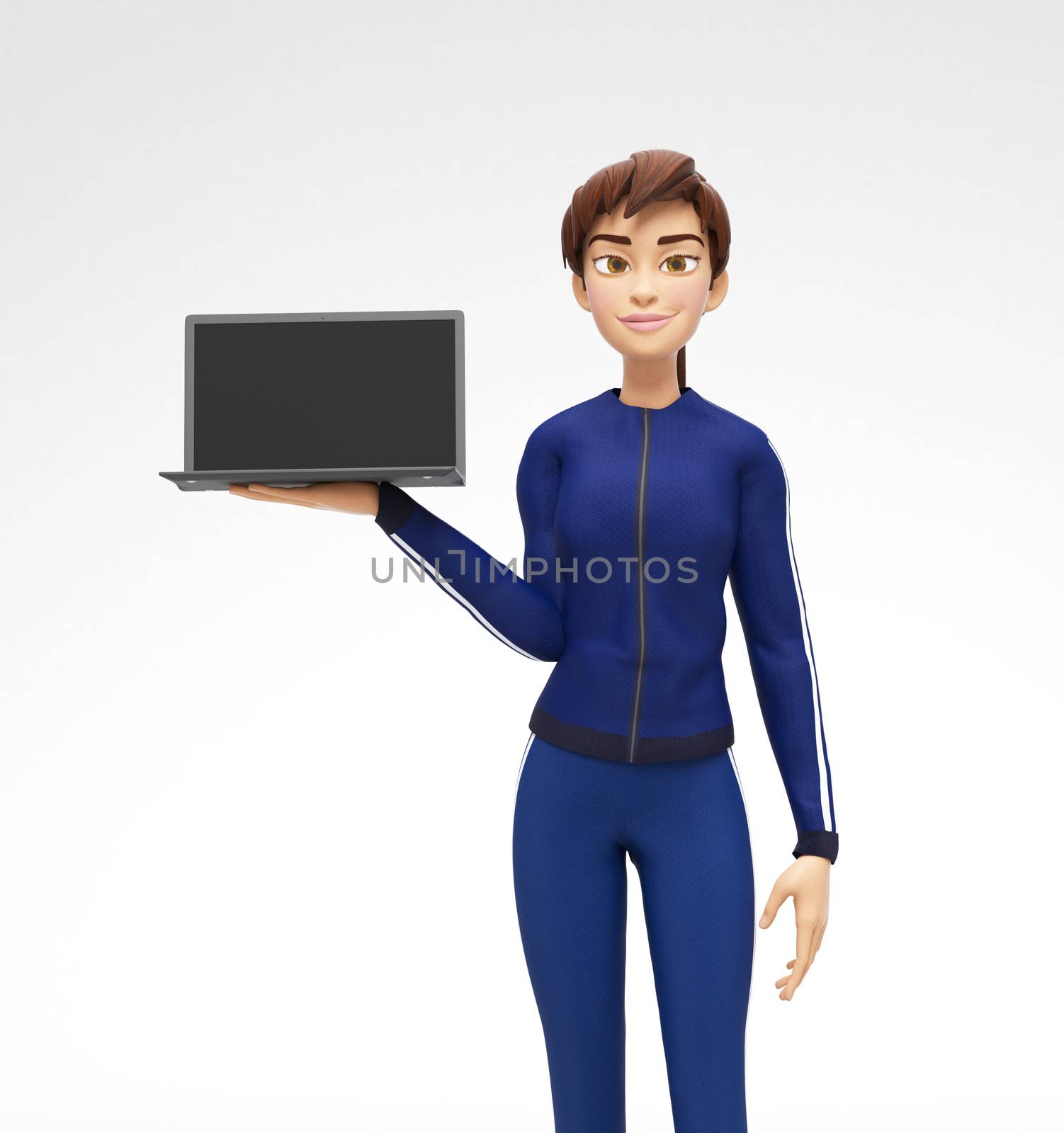 3D Rendered Product Mockup with Animated Character in Casual Clothes, Isolated on White Spotlight Background for Web, Business Presentation, Banner or Advertisement
