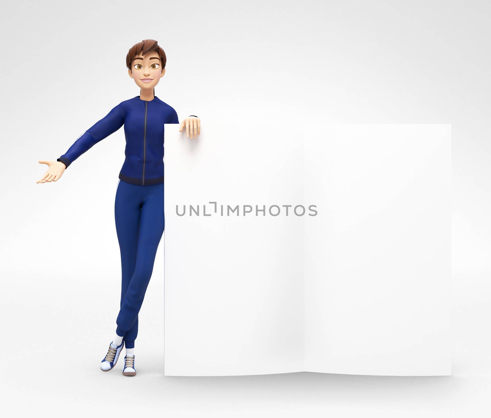 3D Rendered Product Mockup with Animated Character in Casual Clothes, Isolated on White Spotlight Background for Web, Business Presentation, Banner or Advertisement
