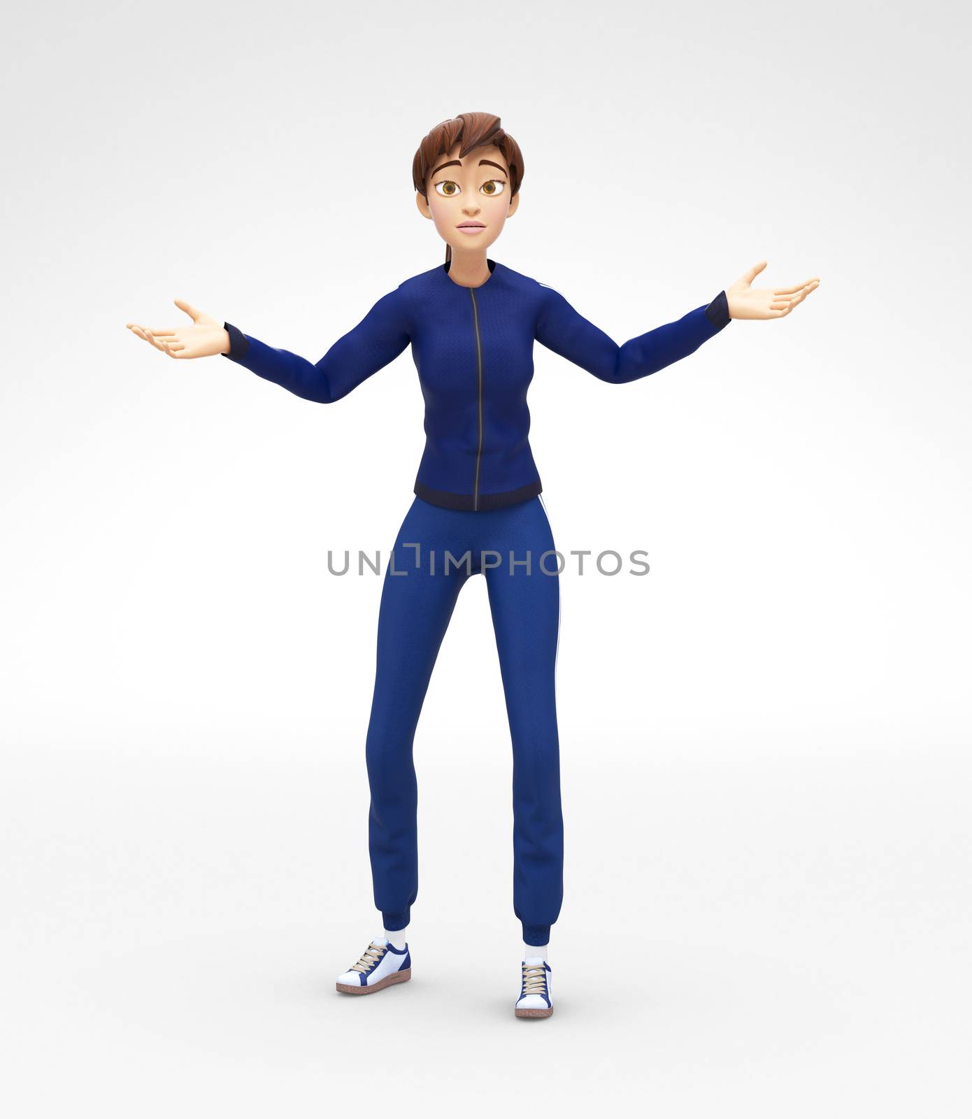 3D Rendered Animated Character in in Athletic Gym Sweat Suit, Isolated on White Spotlight Background
