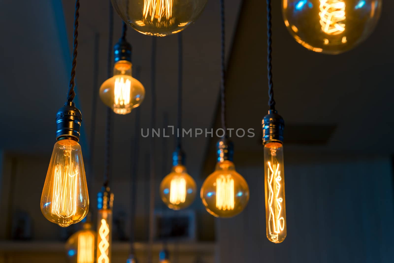 Composition of hanging lamps in retro style close-up