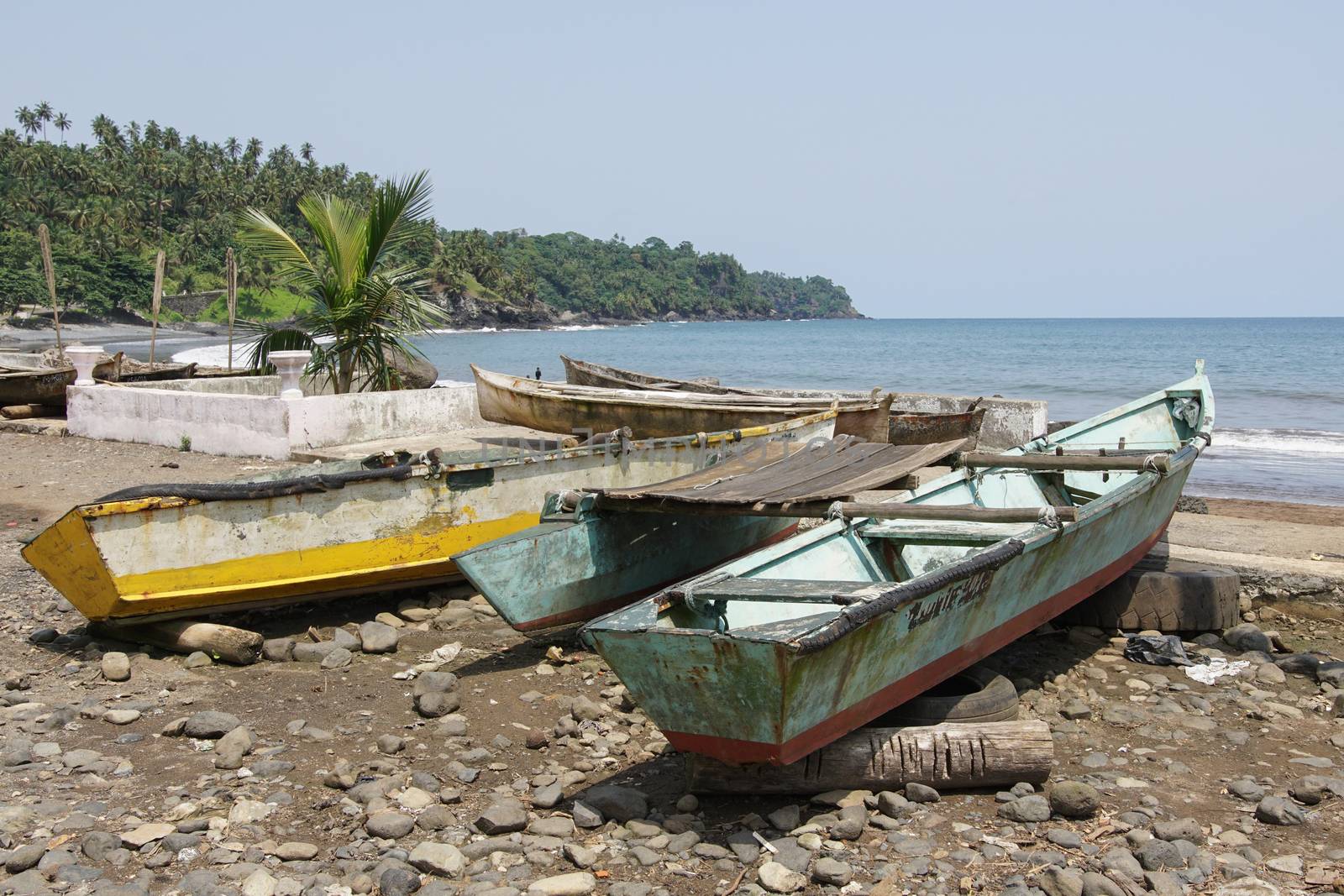 Hooker on the seaside of the village Ribeira Afonso, Sao Tome and Principe, Africa